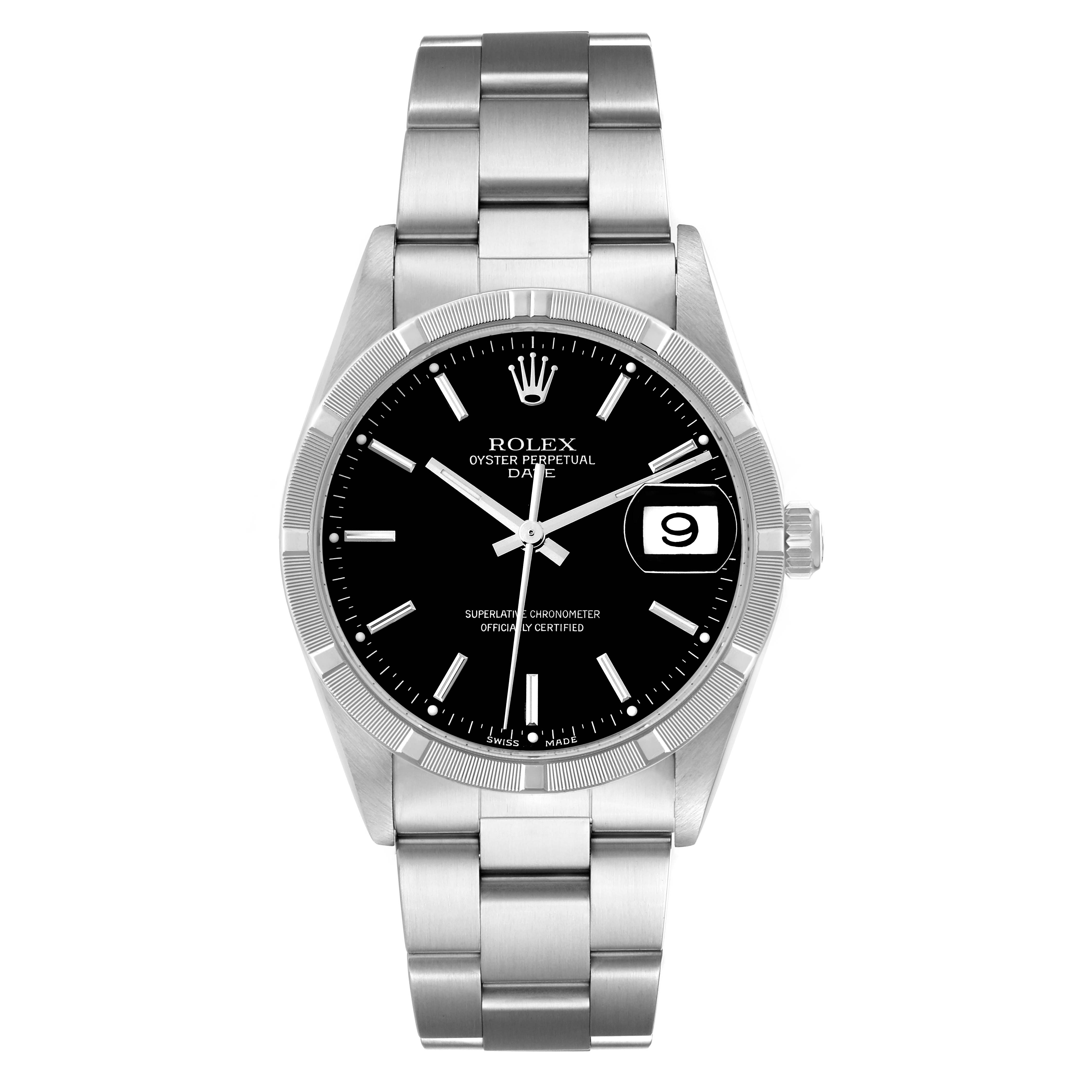 The image shows a Rolex Date 15210 Men's Stainless Steel Black Dial 15210 Men's Stainless Steel Black Dial model watch from a front angle, displaying the dial, bezel, bracelet, and date window.
