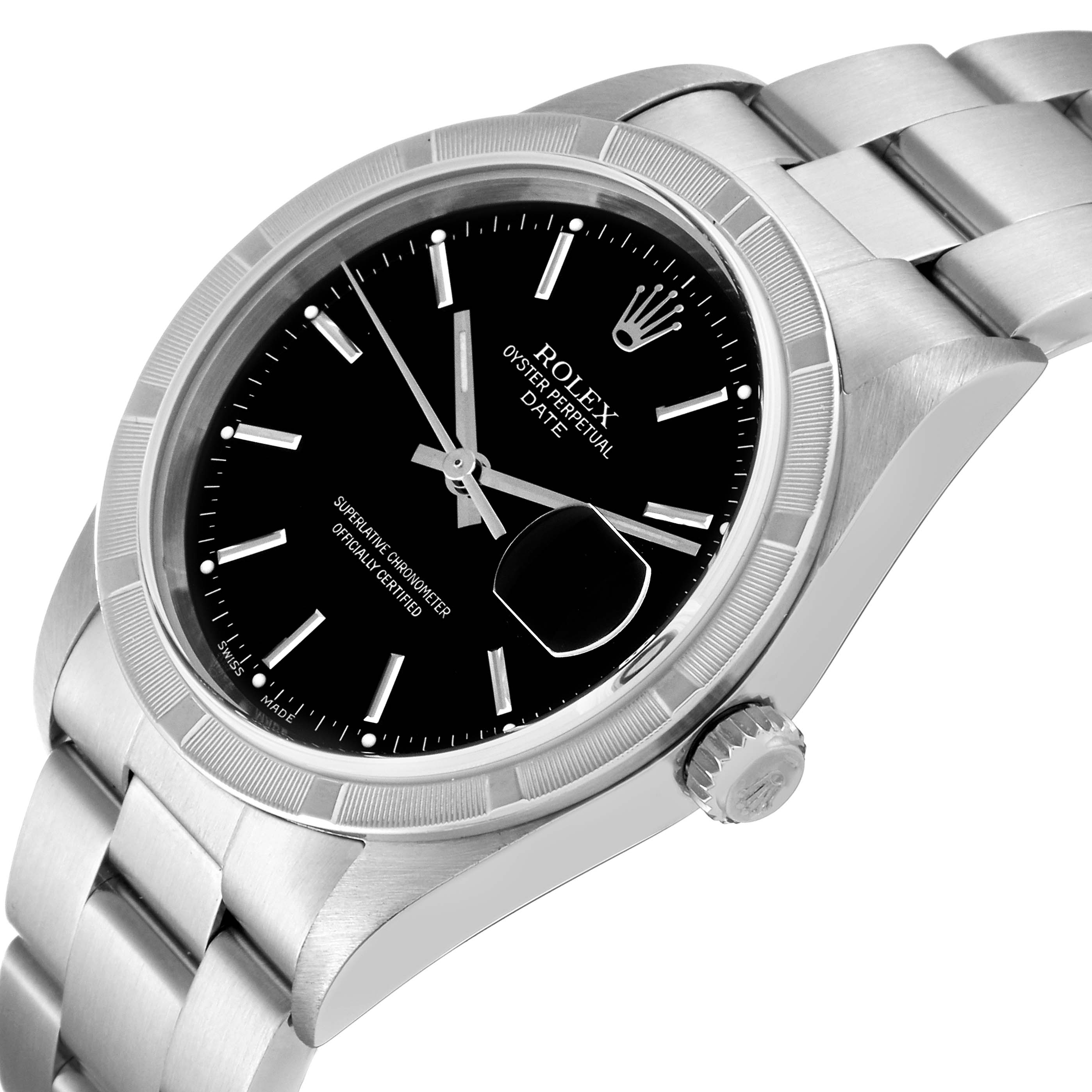 This Rolex Date 15210 Men's Stainless Steel Black Dial 15210 Men's Stainless Steel Black Dial watch is shown from a slight front angle, displaying the face, bezel, bracelet, and crown.