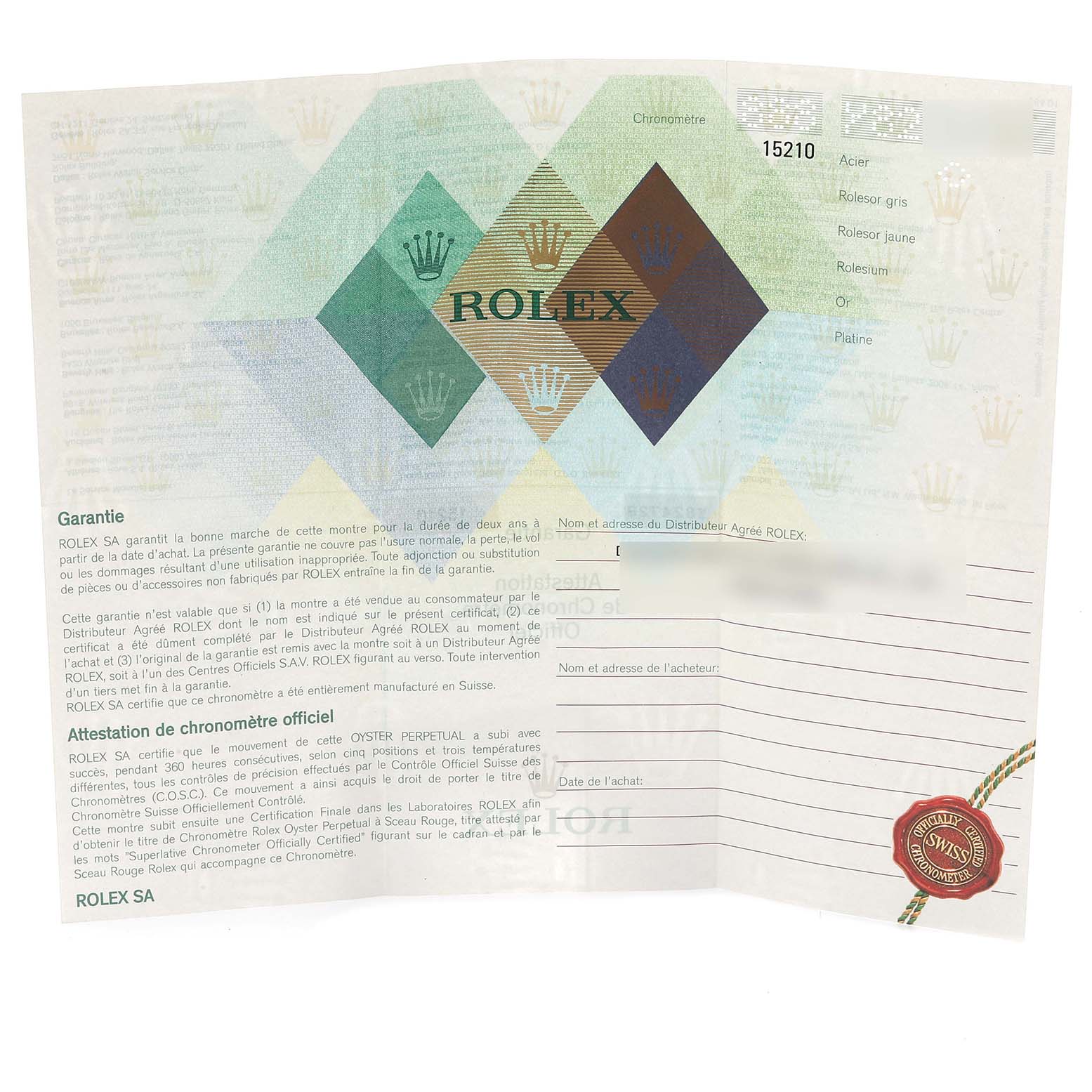 This image displays the warranty certificate for a Rolex Date 15210 Men's Stainless Steel Black Dial 15210 Men's Stainless Steel Black Dial model watch.