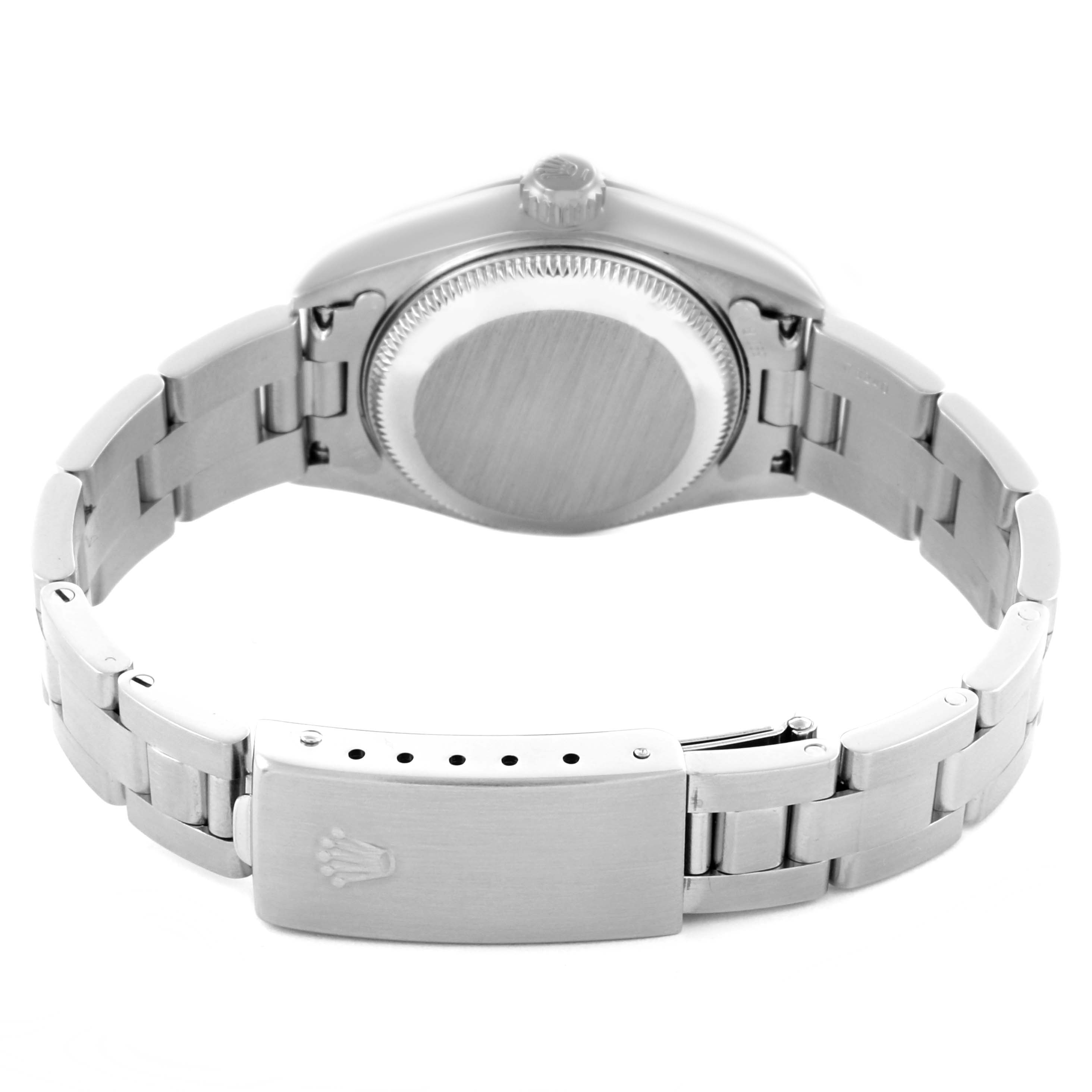 The image shows the back of the Rolex Date 79160 Women's Stainless Steel Black Dial 79160 Women's Stainless Steel Black Dial watch, highlighting the case back, crown, and bracelet with clasp.