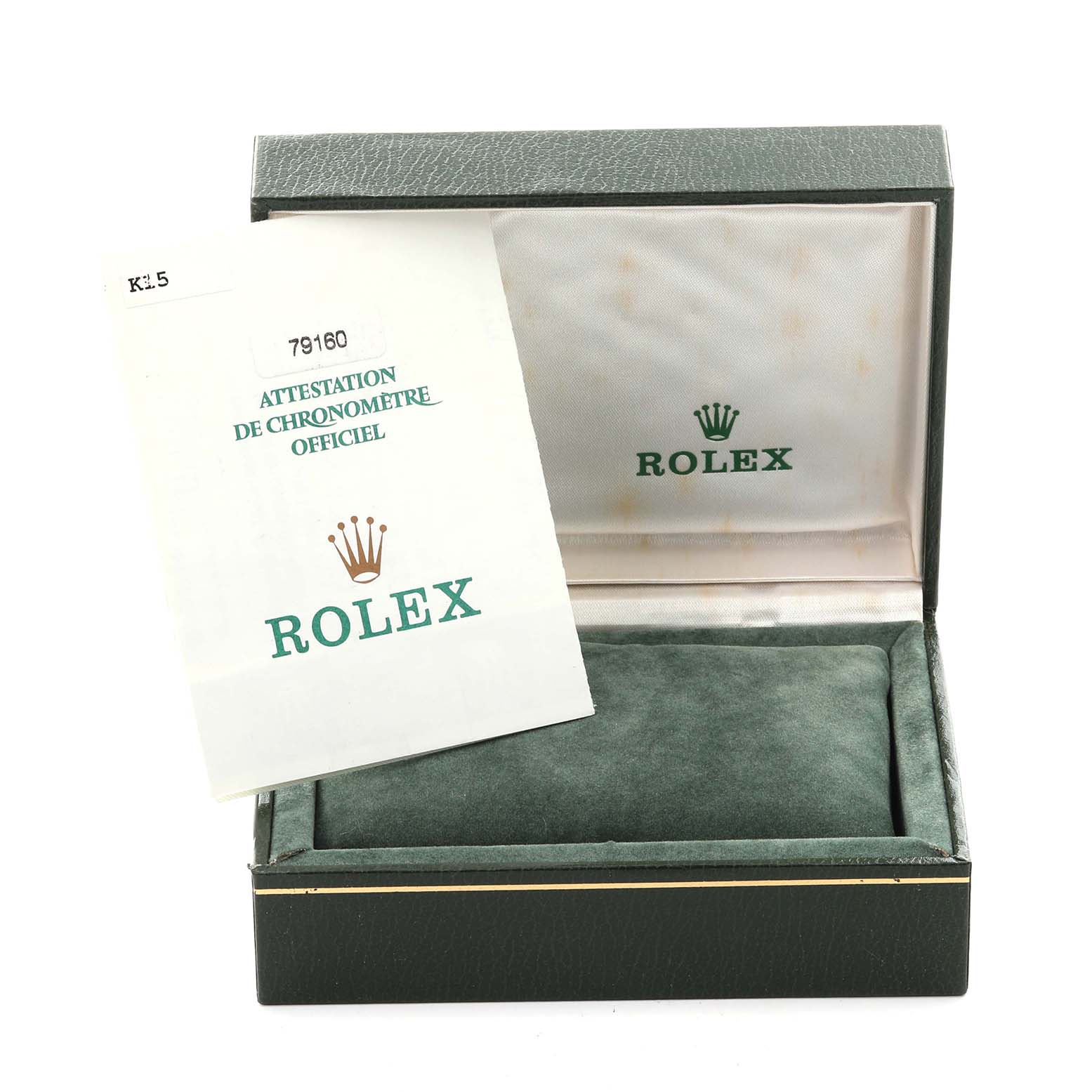 The image shows a green Rolex Date 79160 Women's Stainless Steel Black Dial 79160 Women's Stainless Steel Black Dial model box at a front angle with a certificate partially covering it.