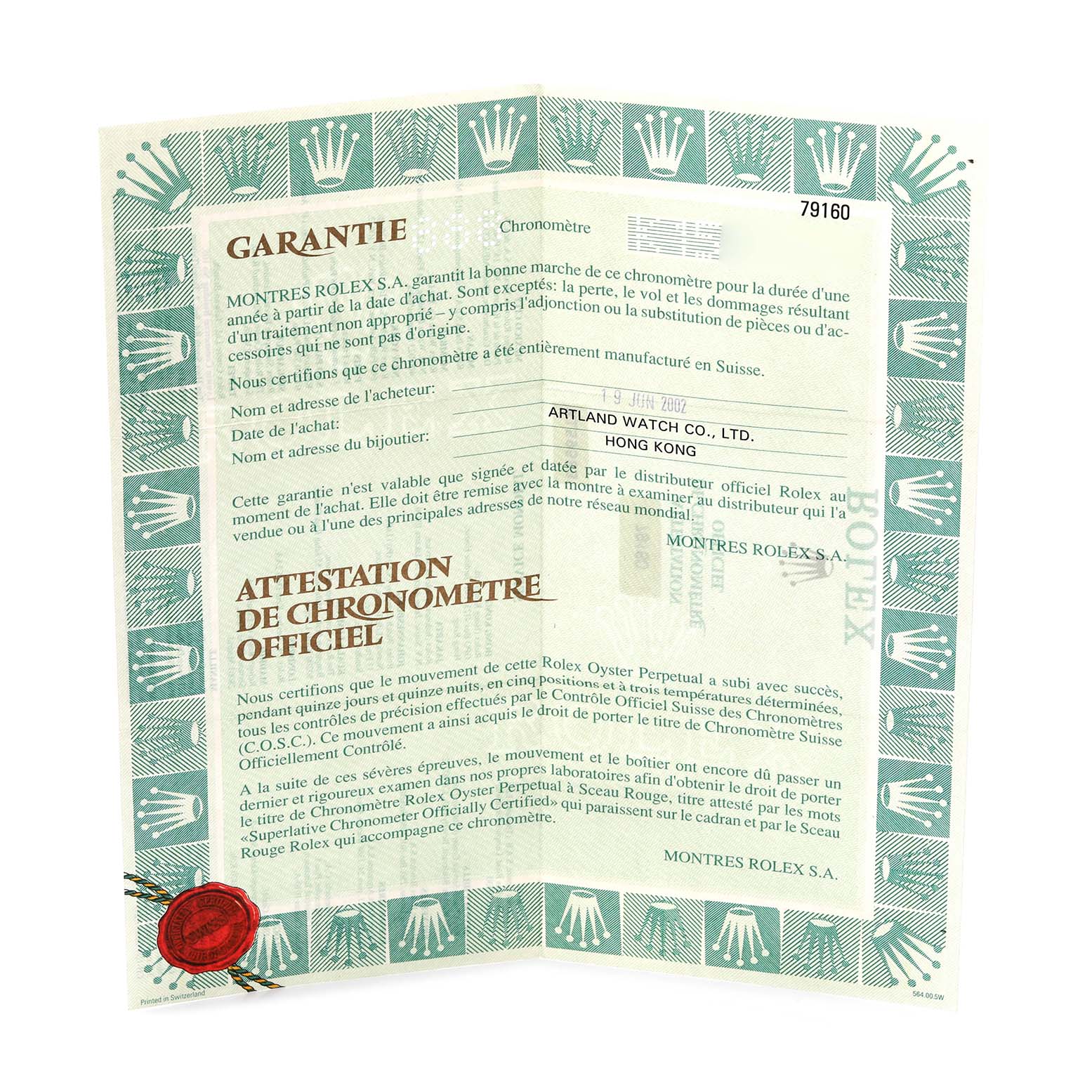 The image shows a warranty certificate for the Rolex Date 79160 Women's Stainless Steel Black Dial 79160 Women's Stainless Steel Black Dial model, featuring branded text and a seal.