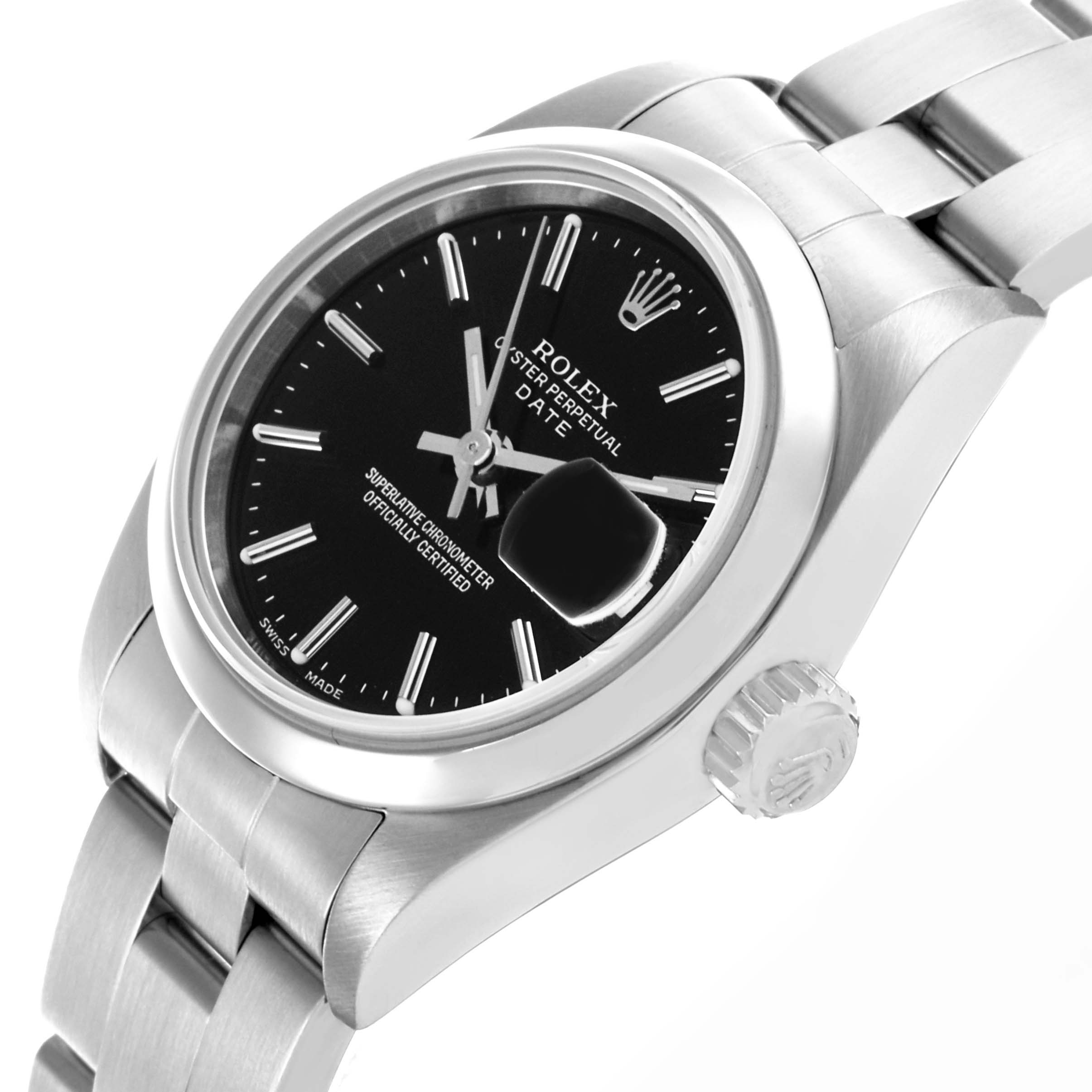 The Rolex Date 79160 Women's Stainless Steel Black Dial 79160 Women's Stainless Steel Black Dial watch is shown at an angled close-up, highlighting the dial, case, bezel, crown, and part of the bracelet.