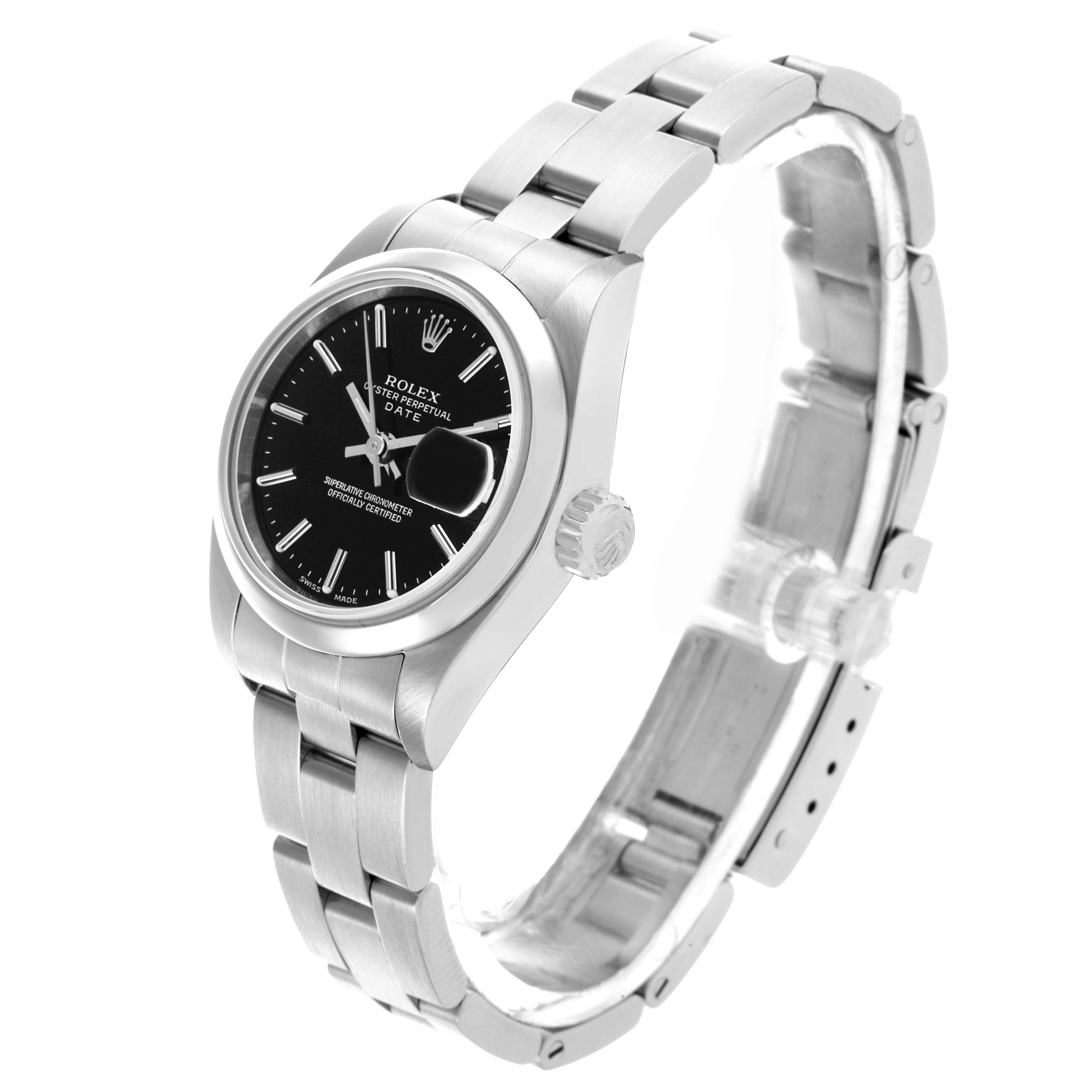 The Rolex Date 79160 Women's Stainless Steel Black Dial 79160 Women's Stainless Steel Black Dial watch is shown at a three-quarter angle, displaying the dial, bezel, crown, and bracelet clearly.