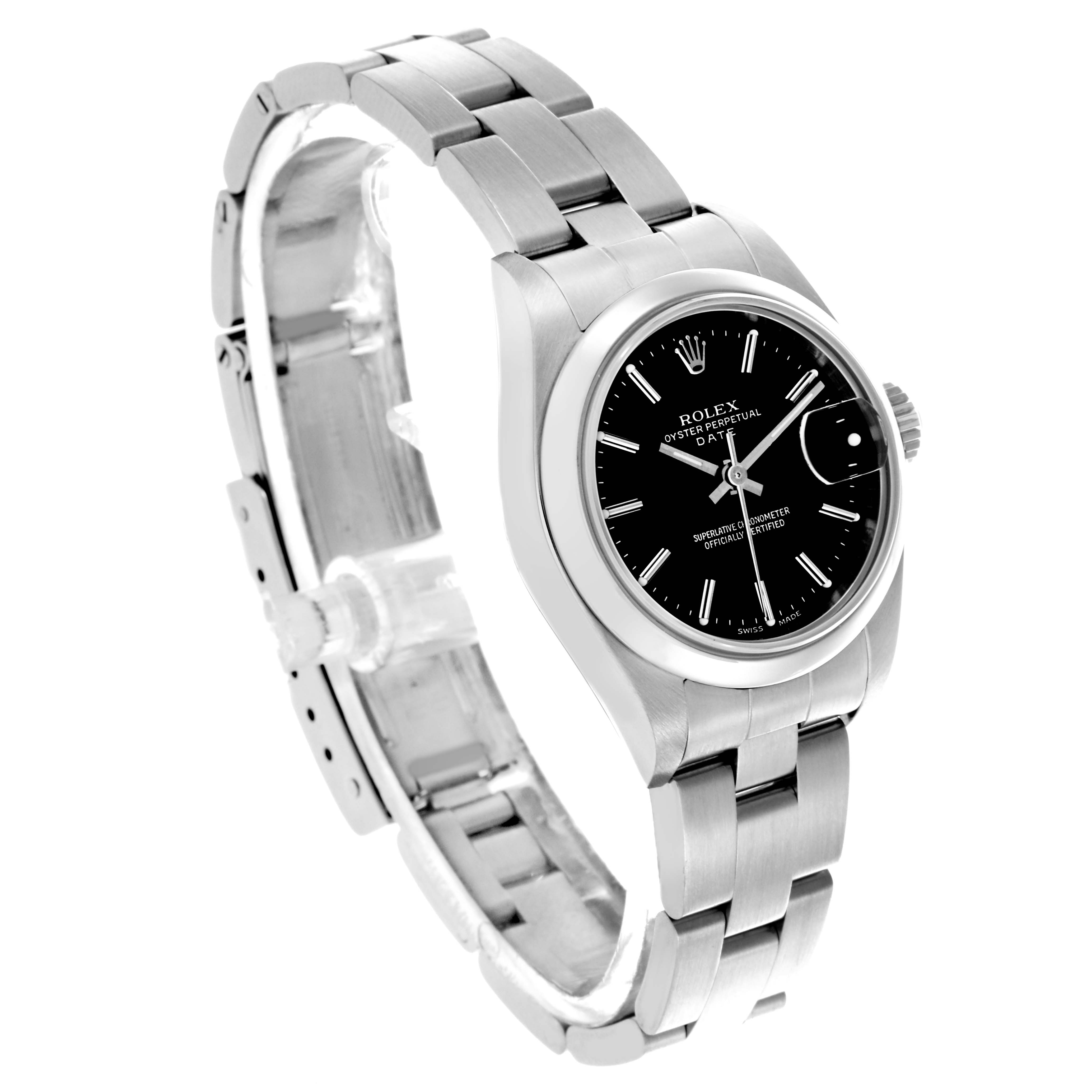 The Rolex Date 79160 Women's Stainless Steel Black Dial 79160 Women's Stainless Steel Black Dial watch is shown at a three-quarter angle, highlighting the face, bezel, bracelet, and crown.