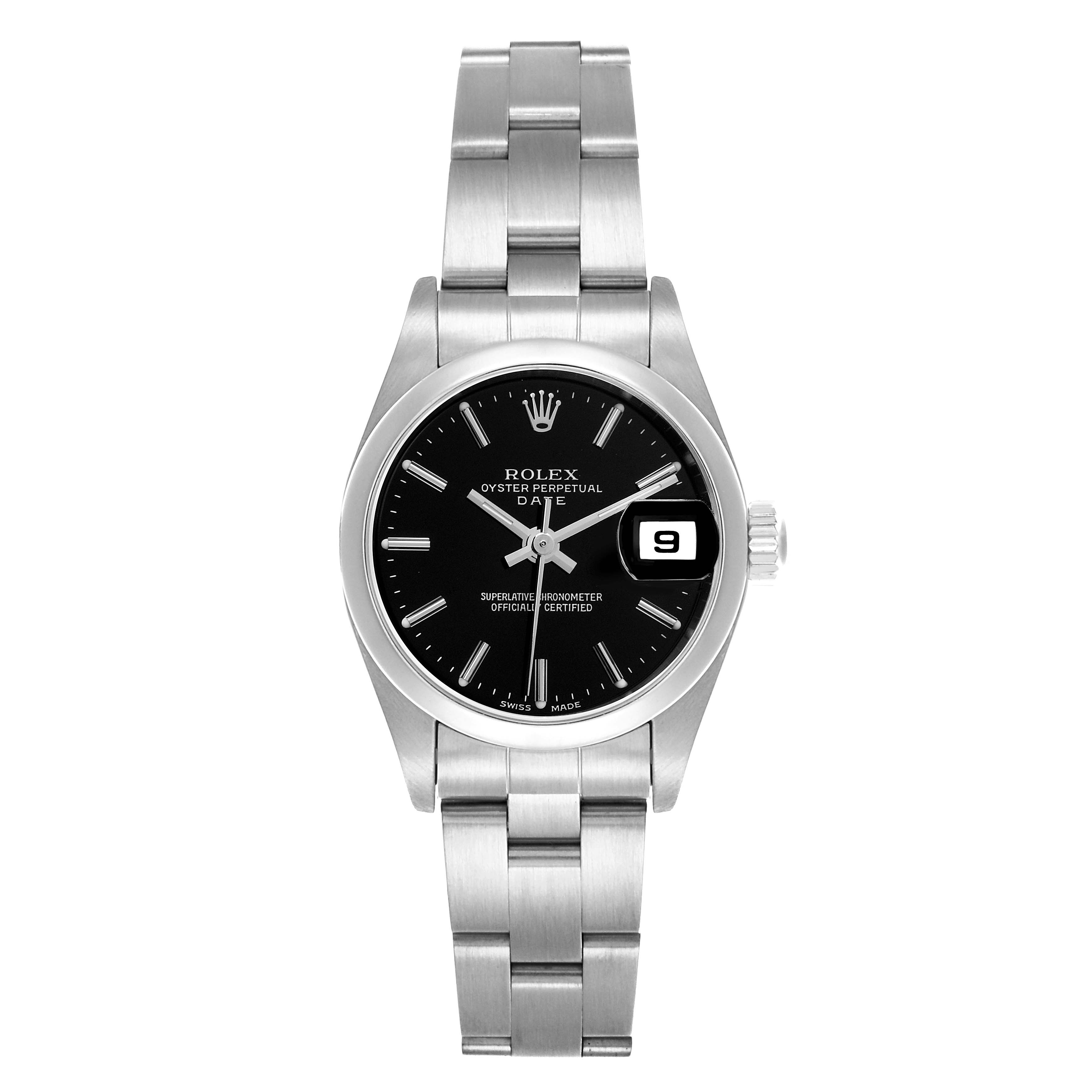 The Rolex Date 79160 Women's Stainless Steel Black Dial 79160 Women's Stainless Steel Black Dial model watch is shown from a front angle, highlighting the dial, hands, bracelet, and date window.