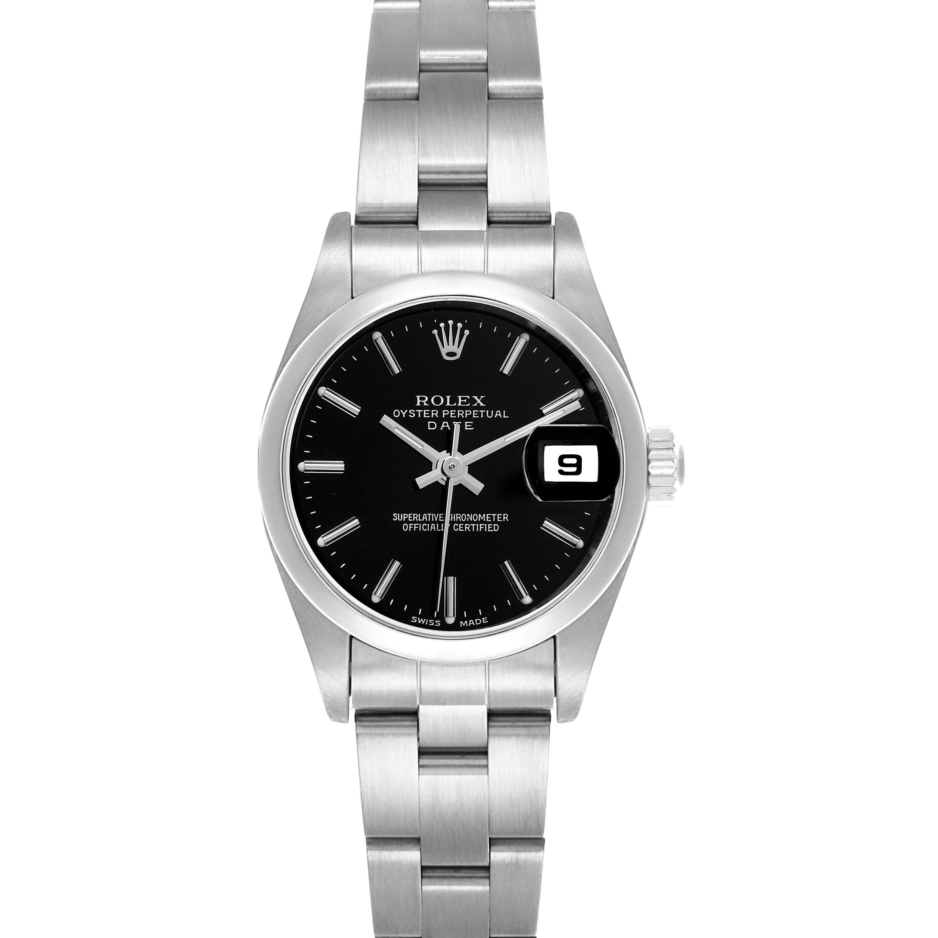 This is a front view of the Rolex Date 79160 Women's Stainless Steel Black Dial 79160 Women's Stainless Steel Black Dial model, showing the face, bracelet, and crown.