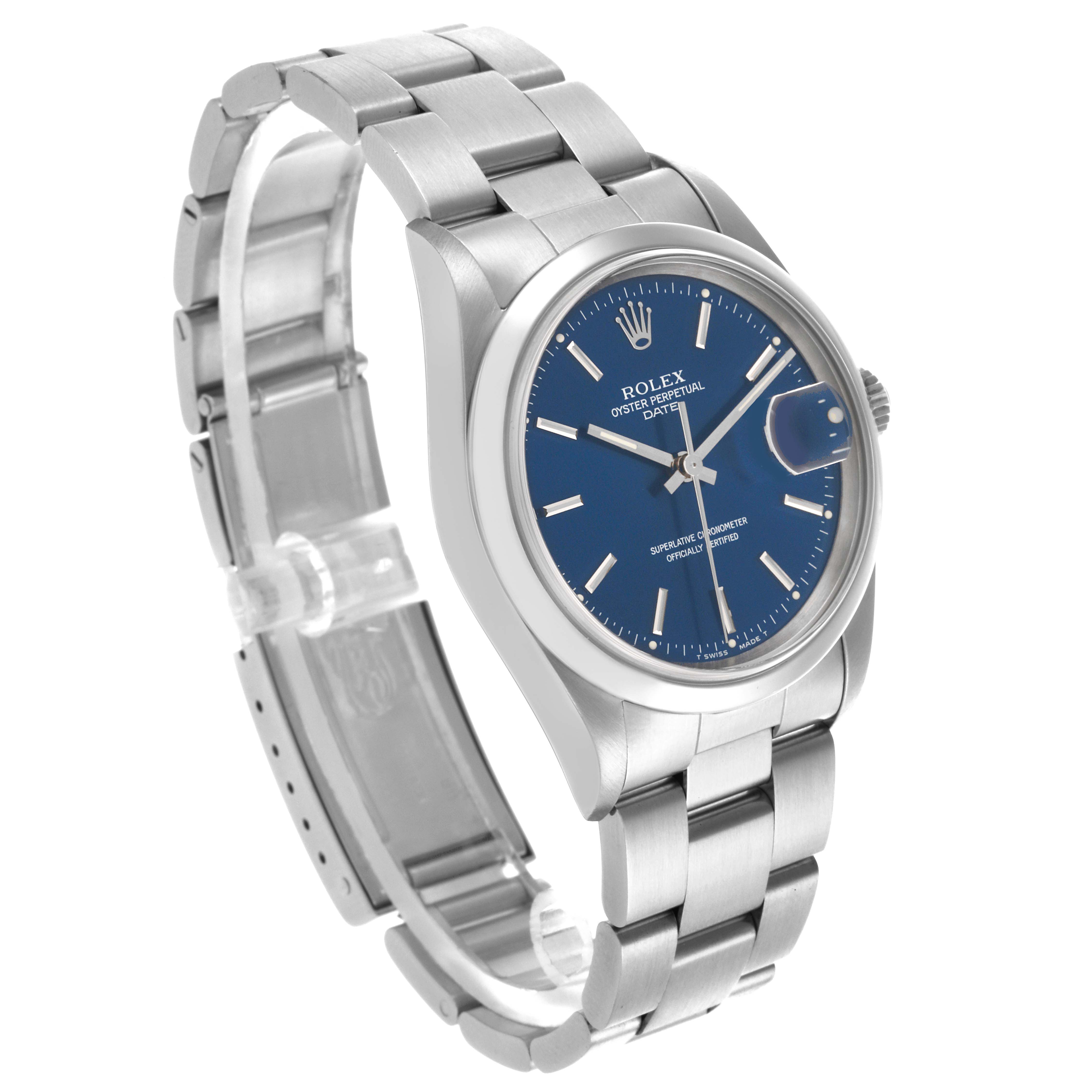 The Rolex Date 15200 Men's Stainless Steel Blue Dial 15200 Men's Stainless Steel Blue Dial model watch is shown at a slight angle highlighting the blue dial, bezel, bracelet, and cyclops date lens.