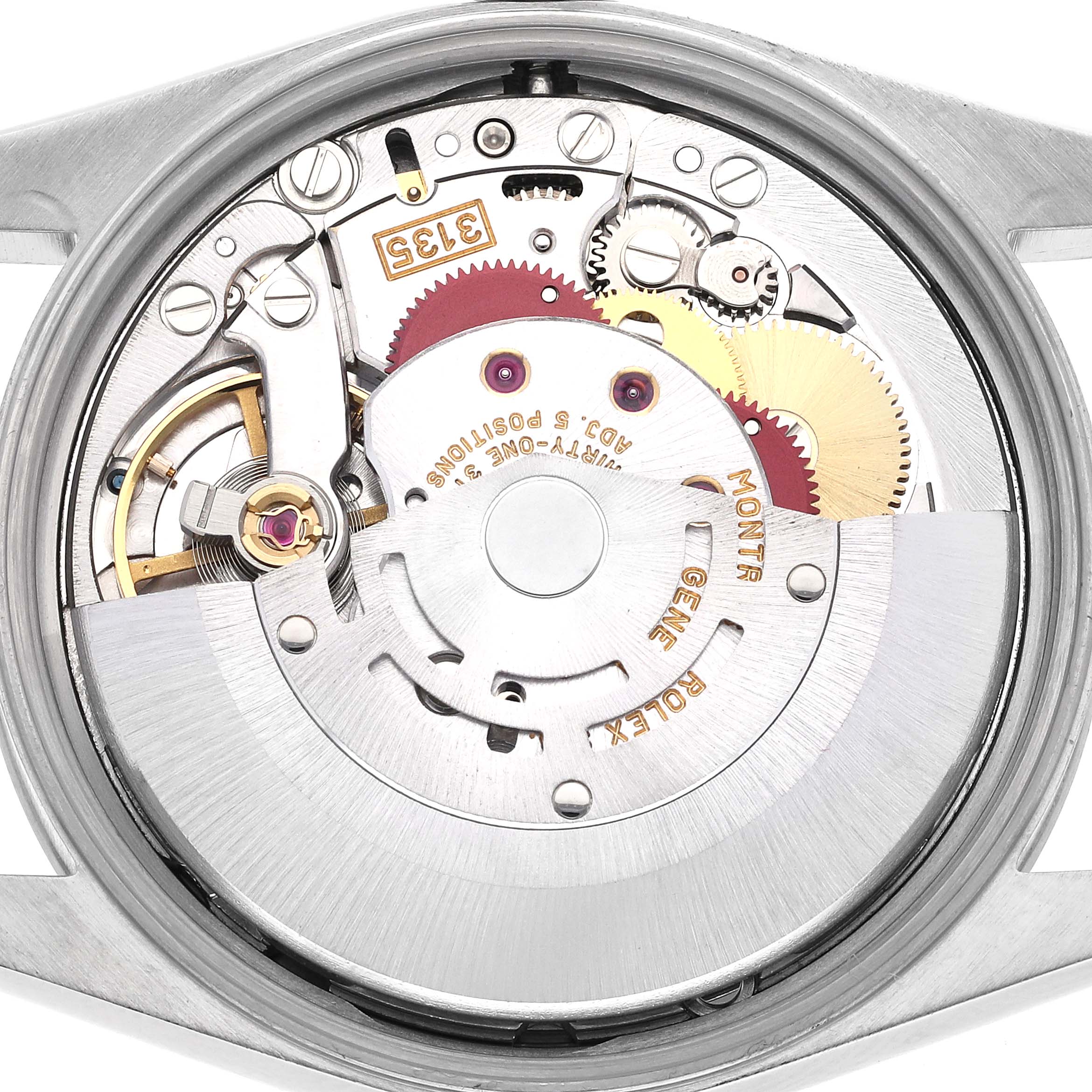 The image shows the movement of a Rolex Date 15200 Men's Stainless Steel Blue Dial 15200 Men's Stainless Steel Blue Dial model watch from a back angle, revealing gears and intricate mechanical parts.