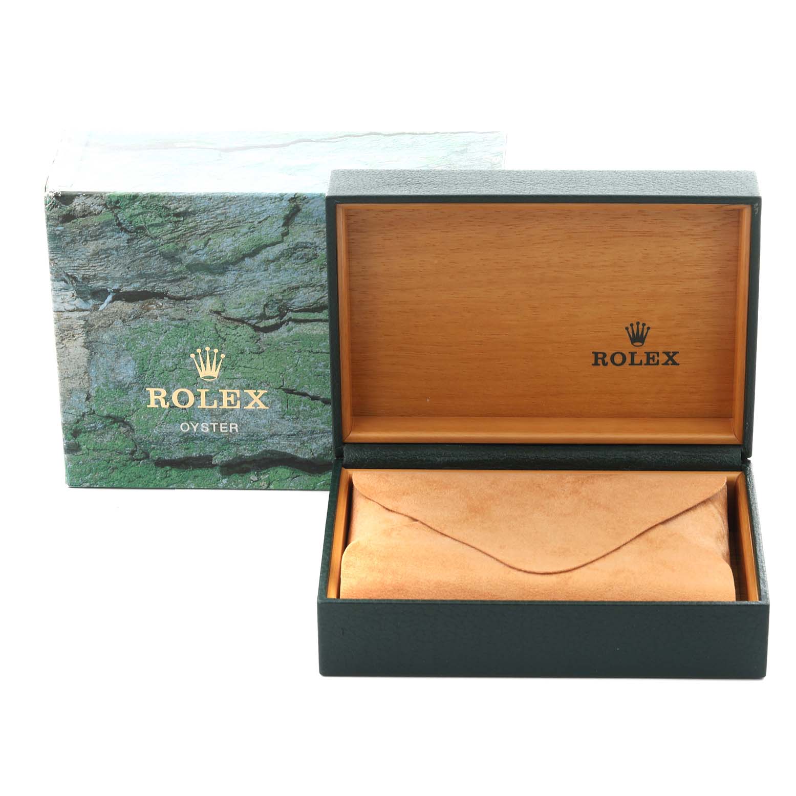 The image shows a Rolex Date 15200 Men's Stainless Steel Blue Dial 15200 Men's Stainless Steel Blue Dial model watch box and pouch from a front angle.