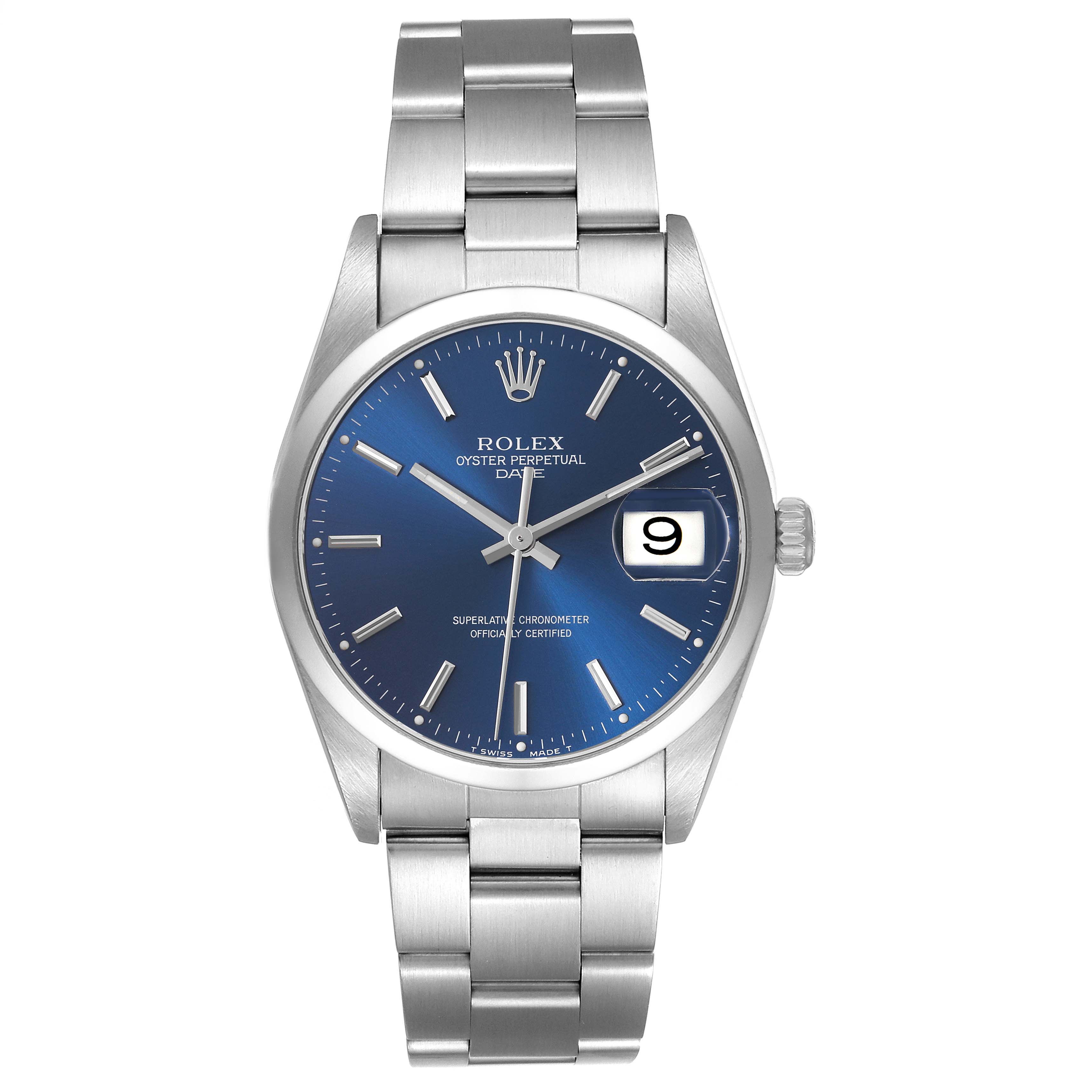 The image shows a frontal view of a Rolex Date 15200 Men's Stainless Steel Blue Dial 15200 Men's Stainless Steel Blue Dial watch with a blue dial and metal bracelet.
