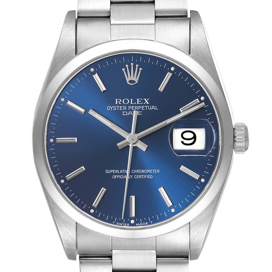 The Rolex Date watch is shown from the front, highlighting a blue dial, silver markers, and the date window.