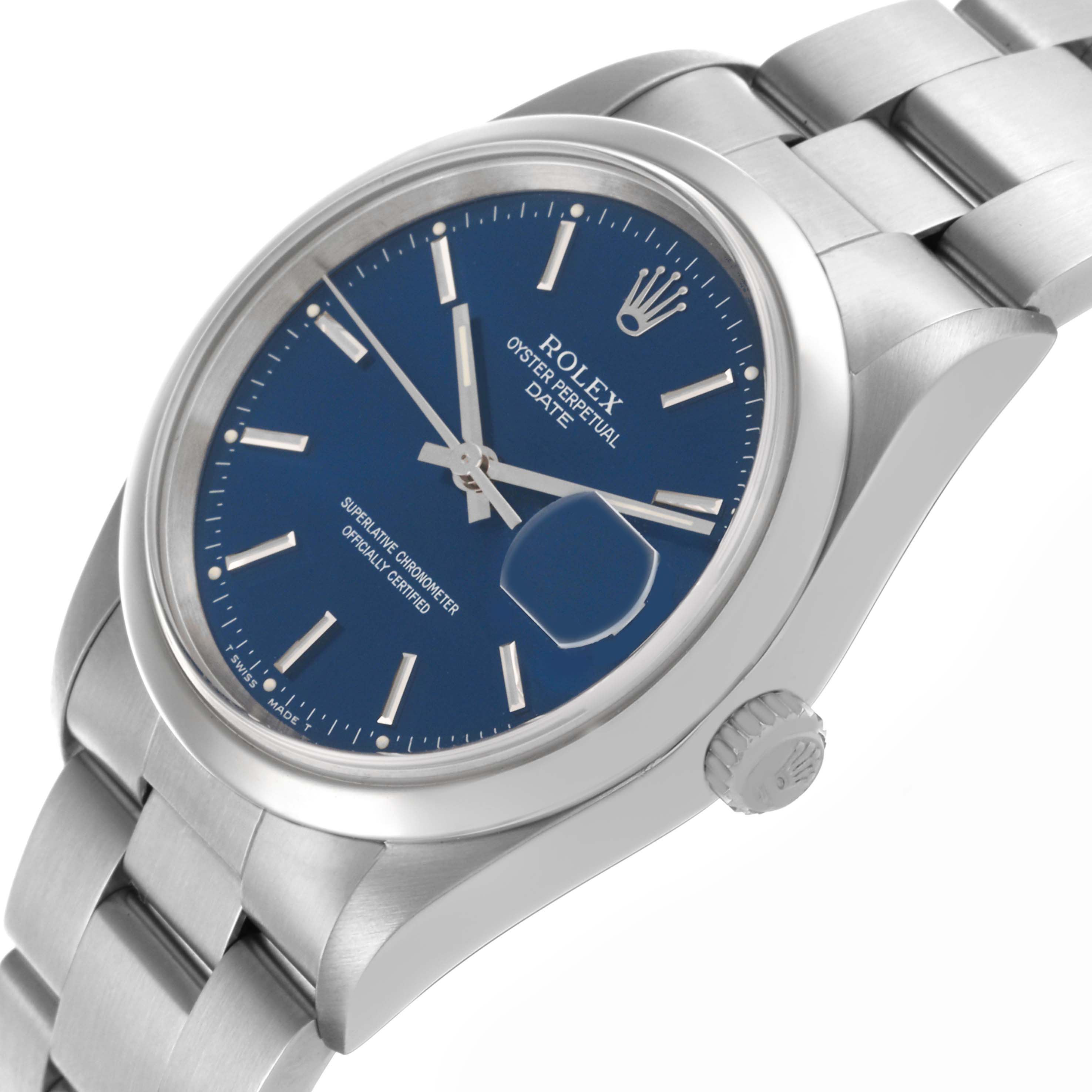 The Rolex Date 15200 Men's Stainless Steel Blue Dial 15200 Men's Stainless Steel Blue Dial watch is shown at an angled view highlighting the dial, bezel, crown, and part of the bracelet.