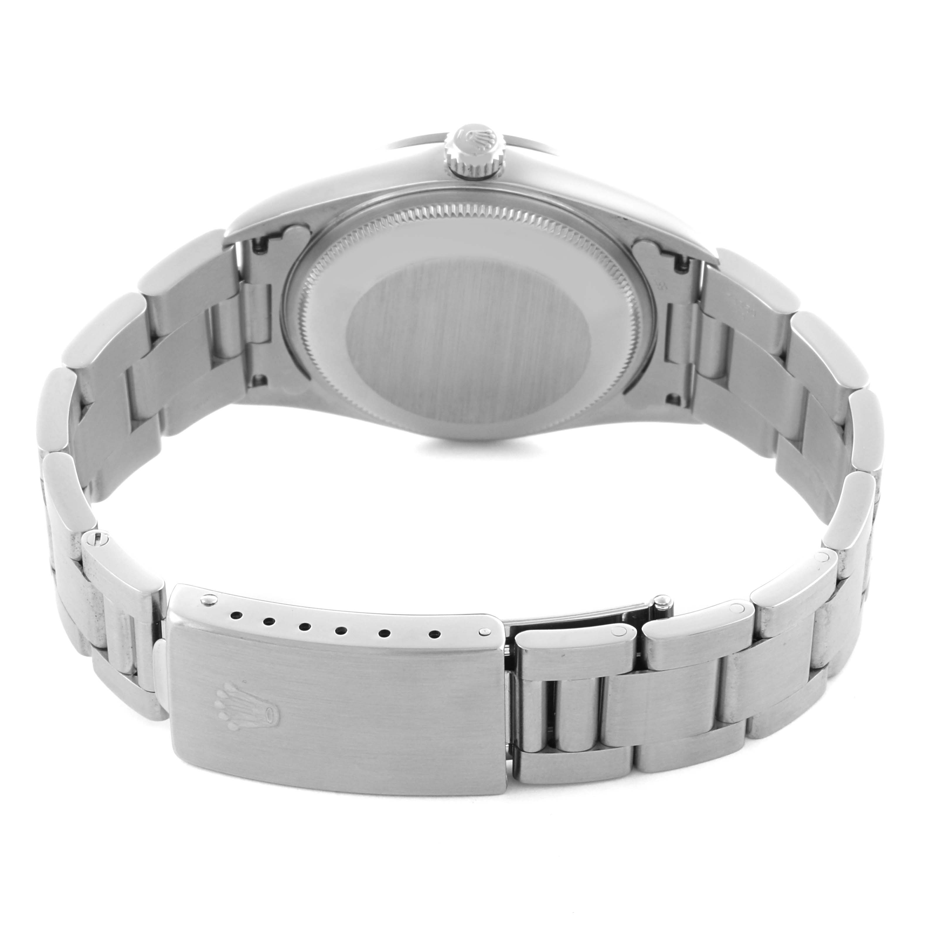 The image shows the back view of a Rolex Date 15200 Men's Stainless Steel Blue Dial 15200 Men's Stainless Steel Blue Dial model, highlighting the case back and bracelet clasp.