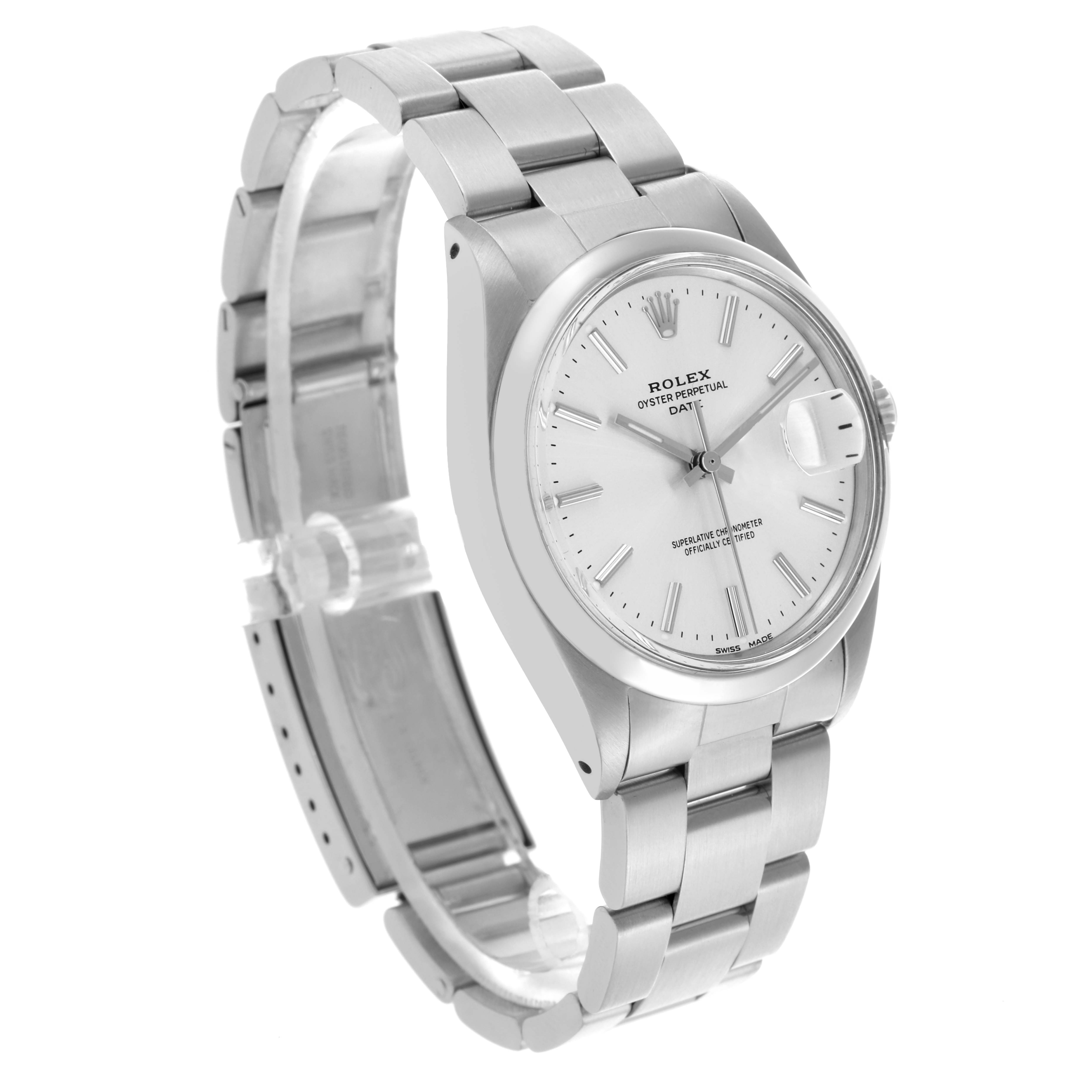 The Rolex Vintage Collection 1500 Men's Stainless Steel Silver Dial 1500 Men's Stainless Steel Silver Dial watch is shown at a slight angle, highlighting its face, bezel, and stainless steel bracelet.