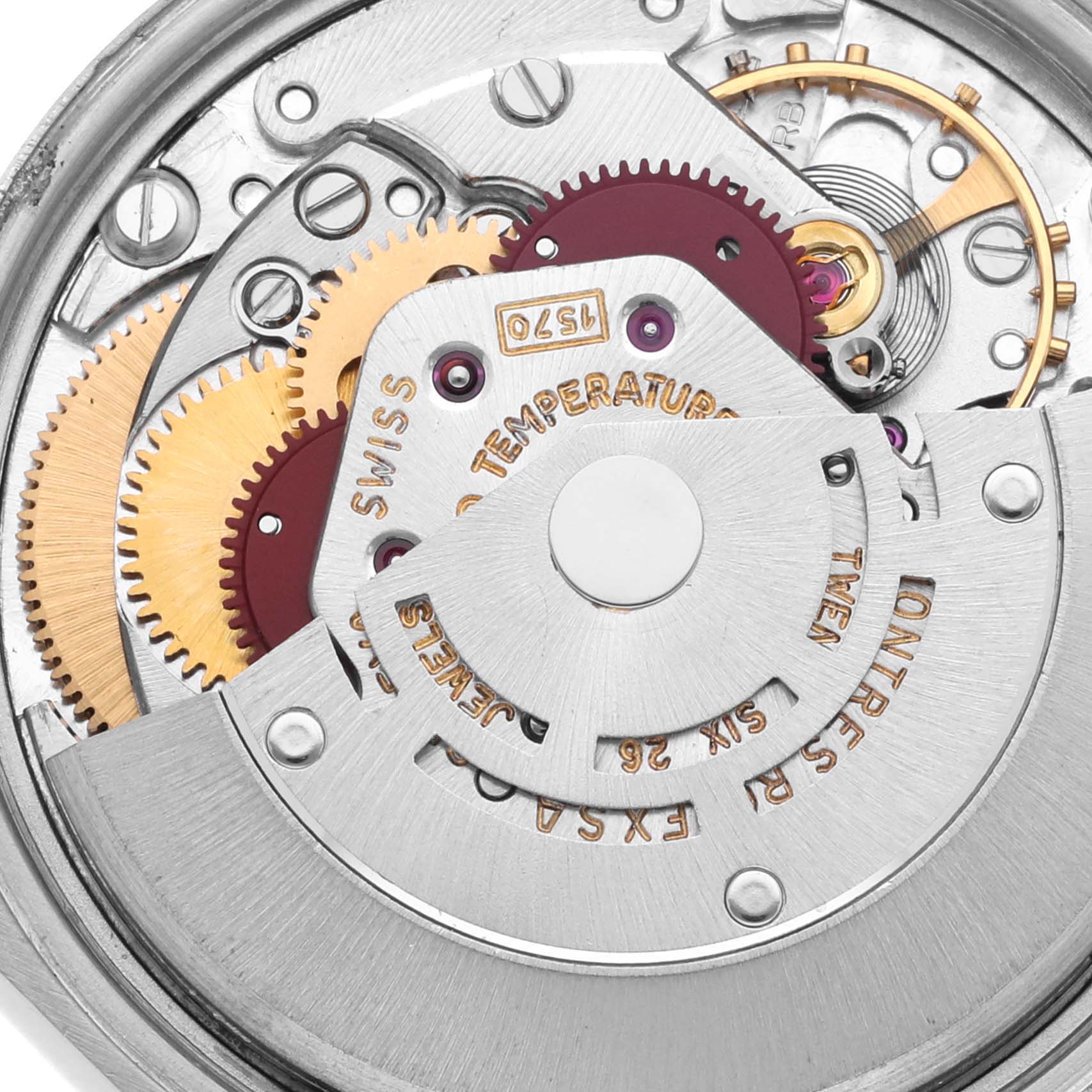 The image shows a close-up angle of the movement and gears inside a Rolex Vintage Collection 1500 Men's Stainless Steel Silver Dial 1500 Men's Stainless Steel Silver Dial watch.
