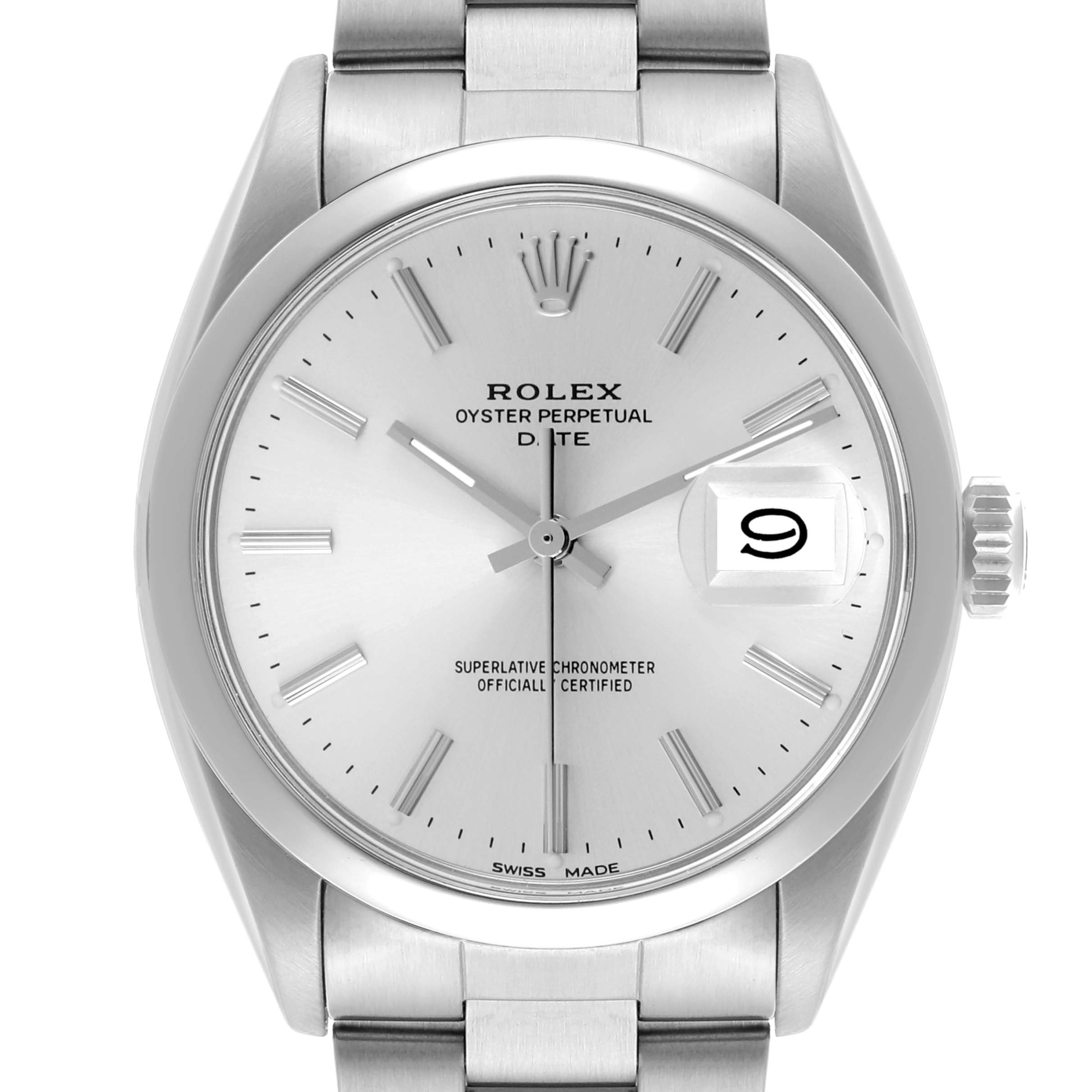 The Rolex Vintage Collection 1500 Men's Stainless Steel Silver Dial 1500 Men's Stainless Steel Silver Dial watch is shown from a top view, displaying the face, hands, date, and part of the bracelet.