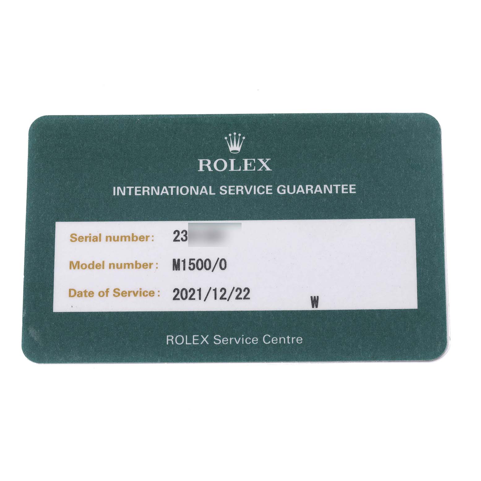 The image shows a Rolex service guarantee card for the Vintage Collection model, labeled with model number M1500/0.