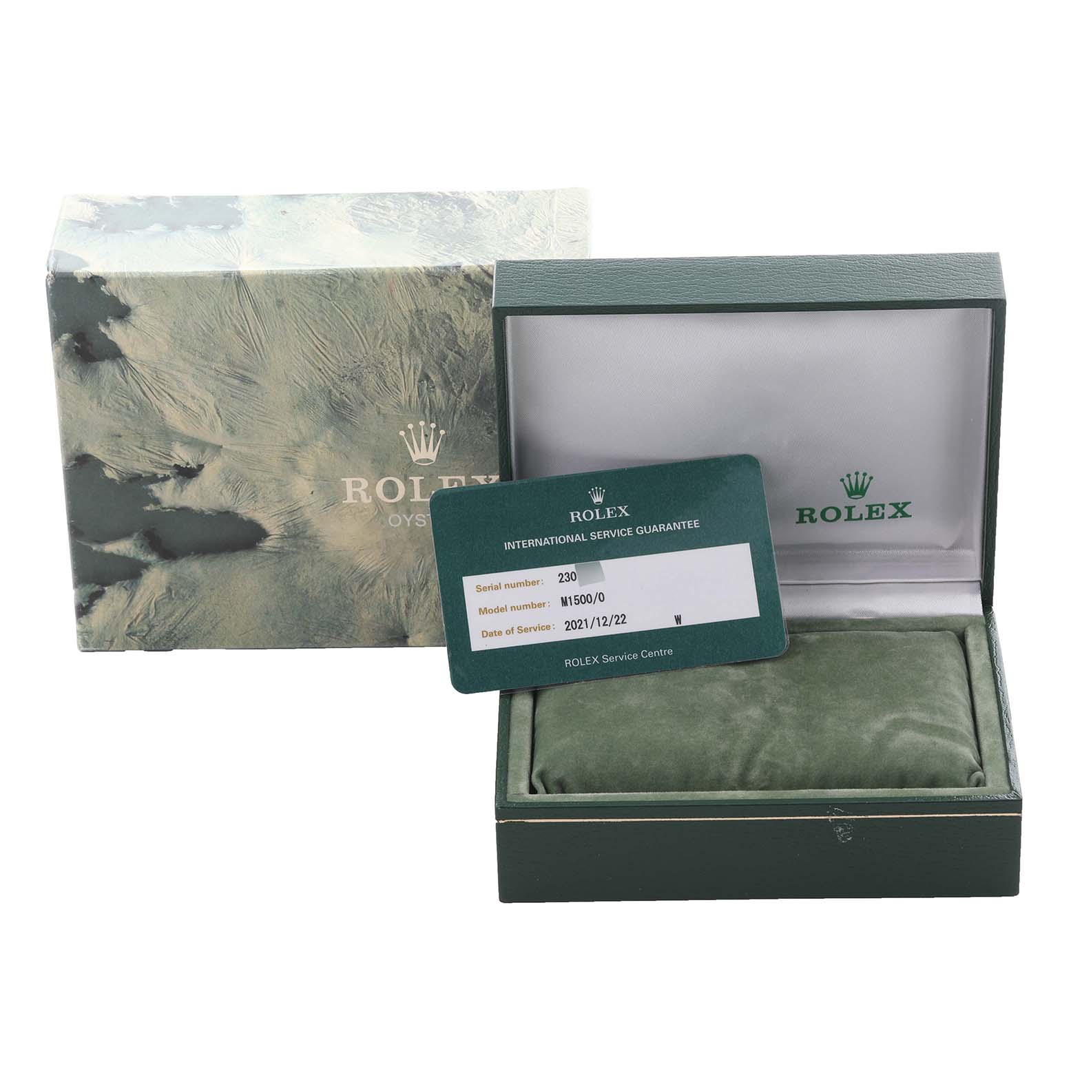 The image shows a Rolex Vintage Collection 1500 Men's Stainless Steel Silver Dial 1500 Men's Stainless Steel Silver Dial watch box with an International Service Guarantee card, both viewed from the front.