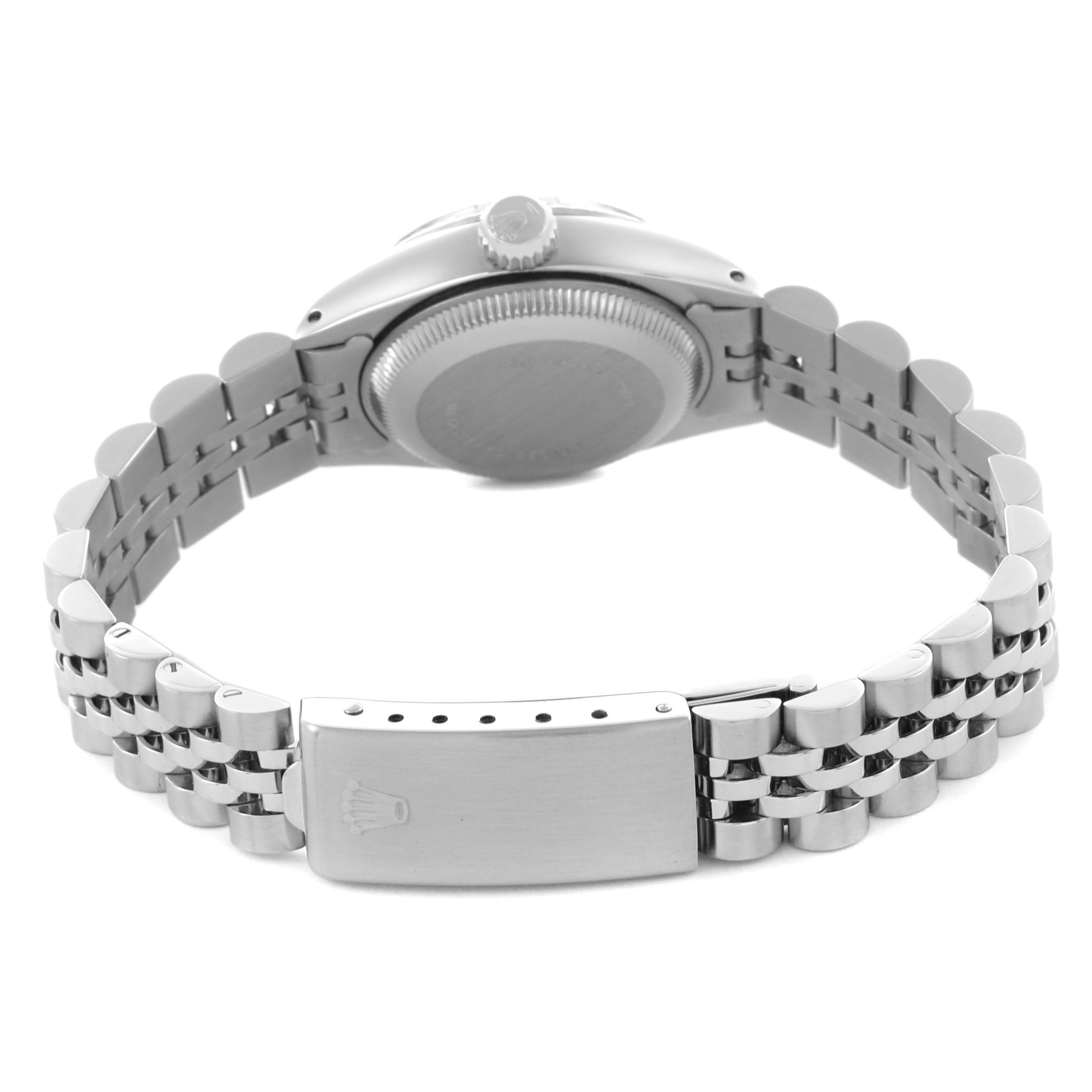 The image shows the back view of a Rolex Date 6917 Women's Stainless Steel Silver Dial 6917 Women's Stainless Steel Silver Dial watch, highlighting the bracelet and clasp.