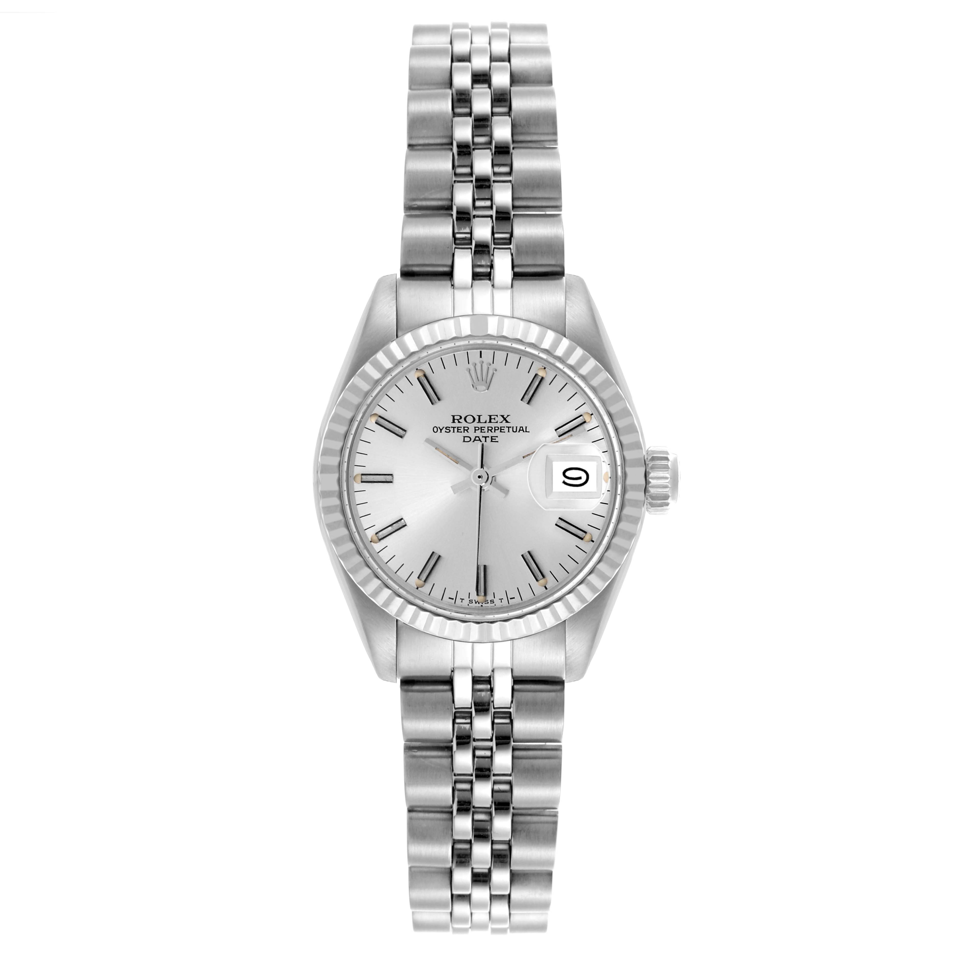 The Rolex Date 6917 Women's Stainless Steel Silver Dial 6917 Women's Stainless Steel Silver Dial model watch is shown from a top-down angle, displaying the face, bezel, crown, and bracelet.