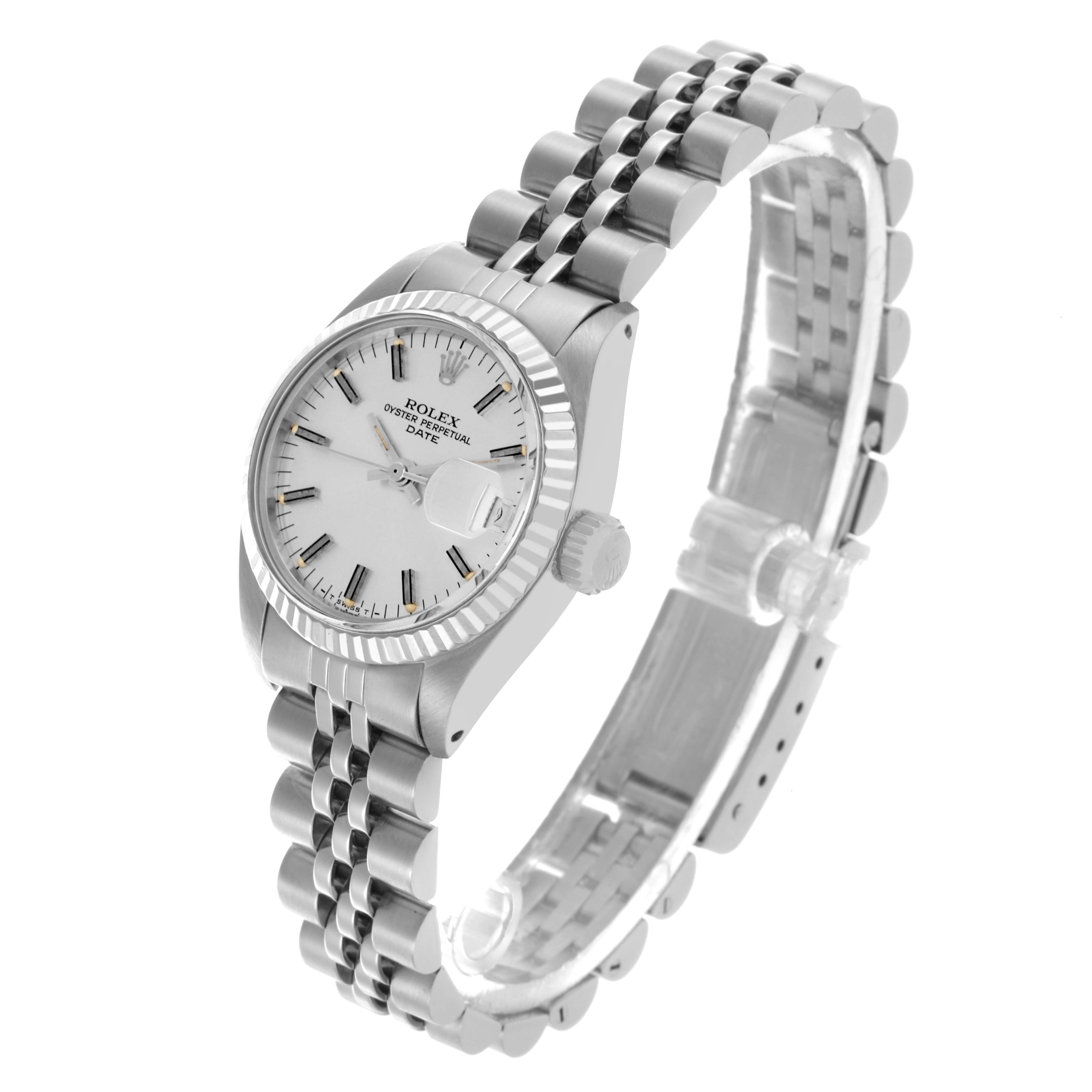 The Rolex Date 6917 Women's Stainless Steel Silver Dial 6917 Women's Stainless Steel Silver Dial watch is shown at a slight angle, highlighting the face, bezel, crown, and bracelet.
