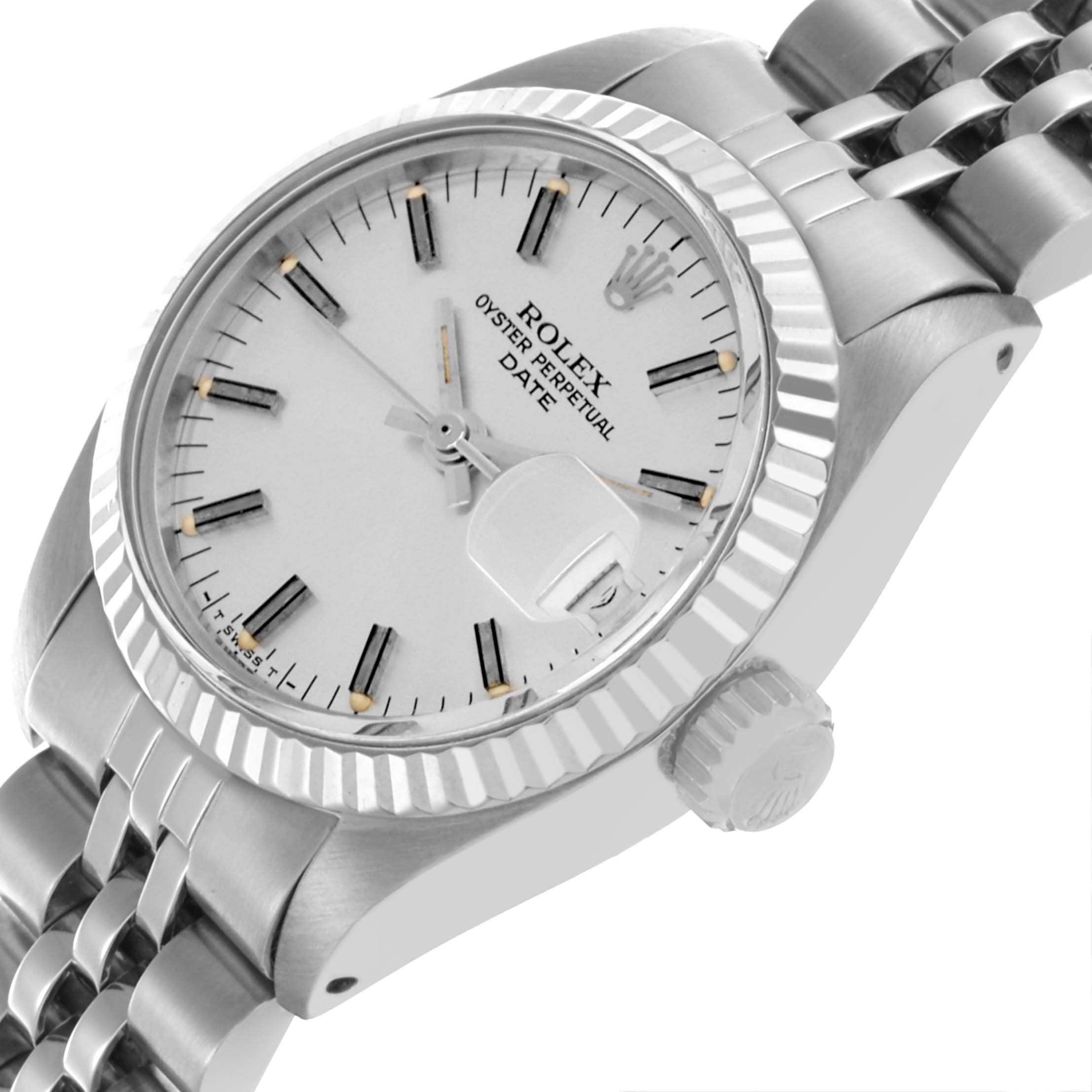 The Rolex Date 6917 Women's Stainless Steel Silver Dial 6917 Women's Stainless Steel Silver Dial watch is shown at an oblique angle, highlighting the dial, bezel, crown, and a portion of the bracelet.