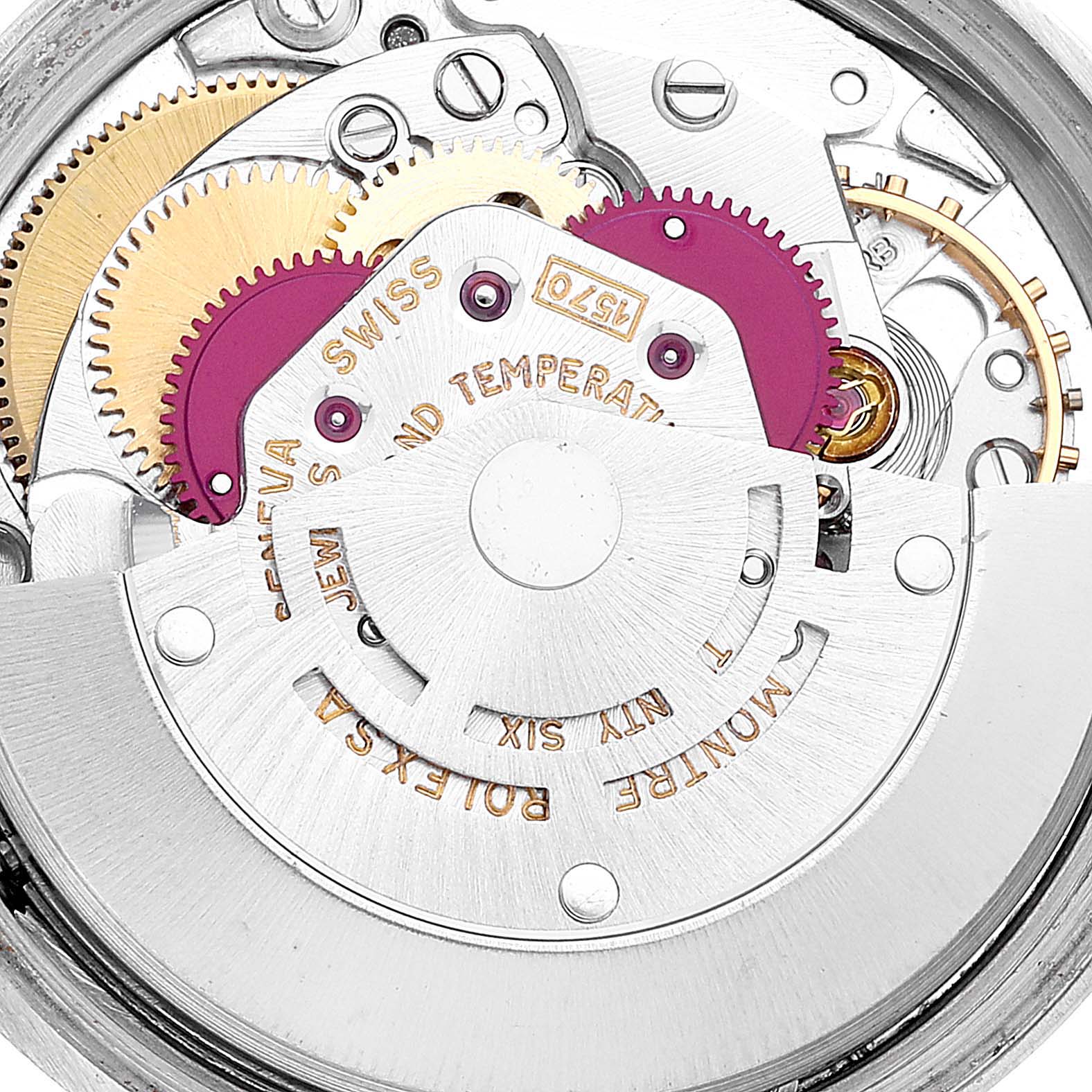 This close-up image shows the internal mechanical movement of the Rolex Vintage Collection 1505 Men's Steel and Gold (two tone) Champagne Dial 1505 Men's Steel and Gold (two tone) Champagne Dial watch.