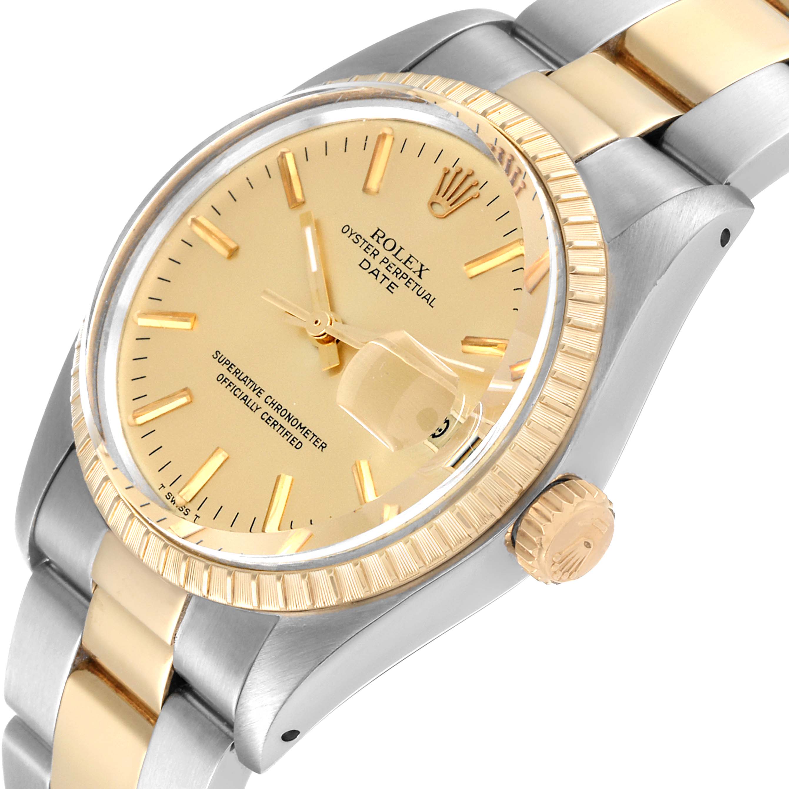 The image shows a Rolex Oyster Perpetual Date watch featuring a gold and silver bracelet, crown, and face, viewed at an angle.