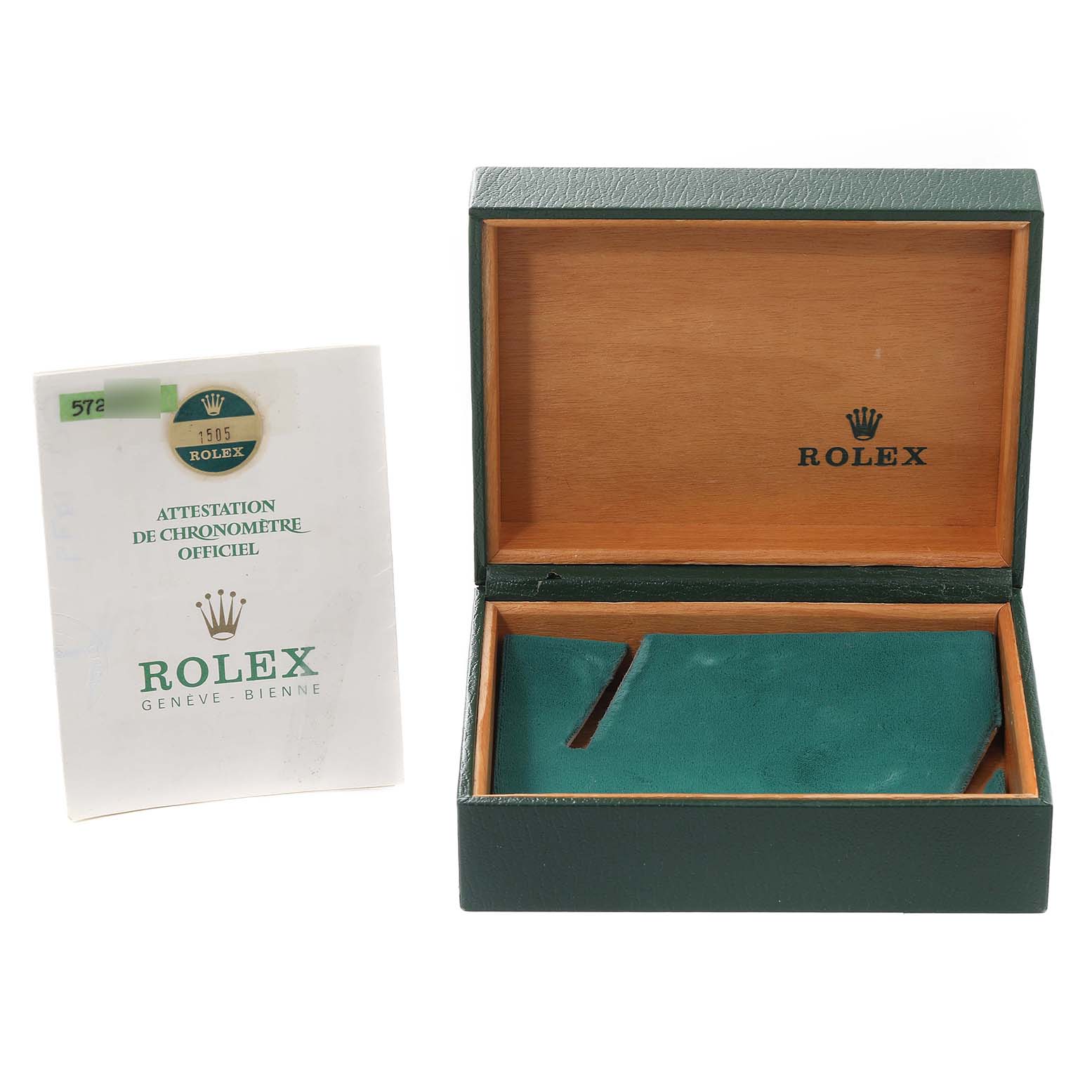 The image shows an open Rolex Vintage Collection 1505 Men's Steel and Gold (two tone) Champagne Dial 1505 Men's Steel and Gold (two tone) Champagne Dial watch box and an official chronometer certification.