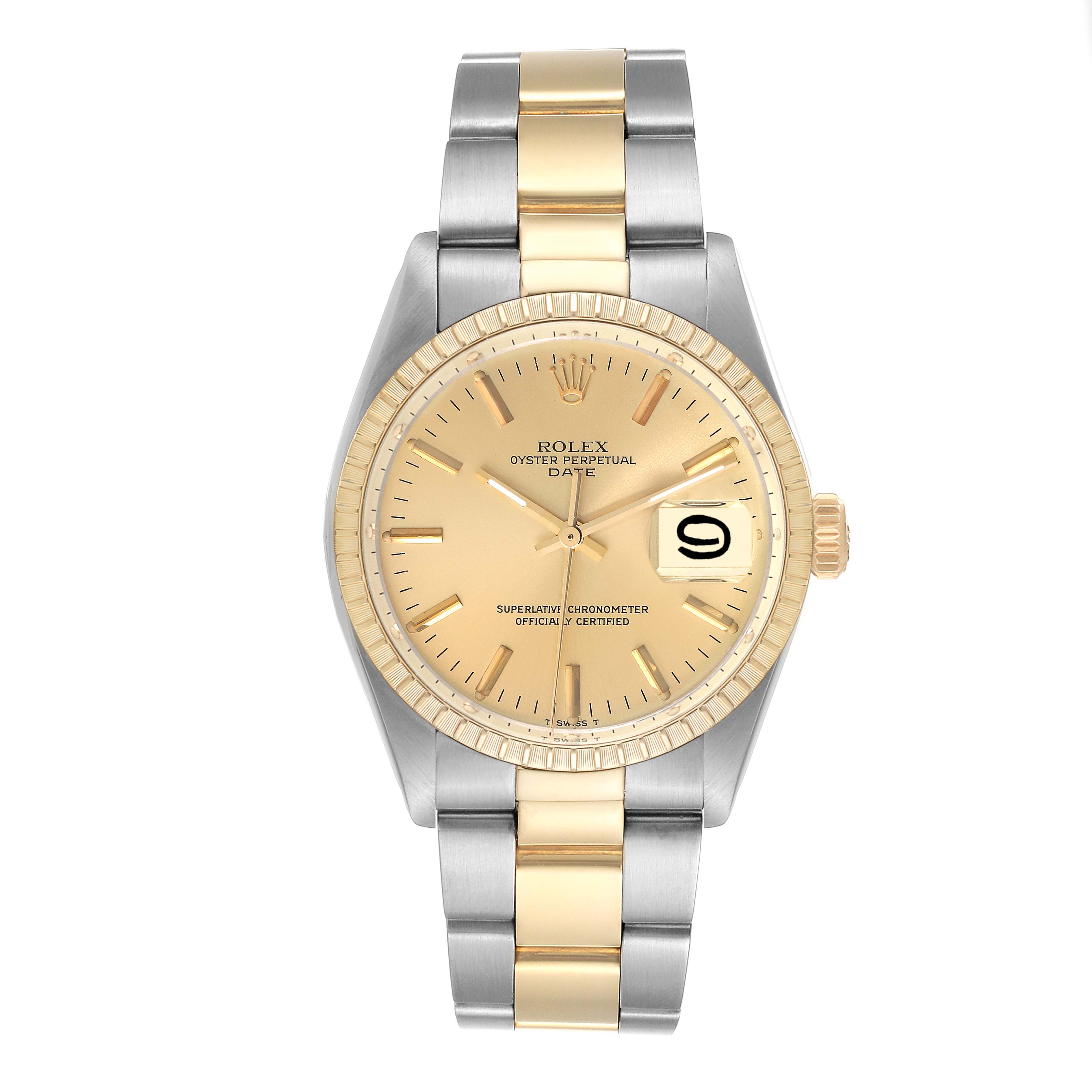 This is a front view of the Rolex Vintage Collection 1505 Men's Steel and Gold (two tone) Champagne Dial 1505 Men's Steel and Gold (two tone) Champagne Dial model, showing the watch face, bracelet, and clasp.