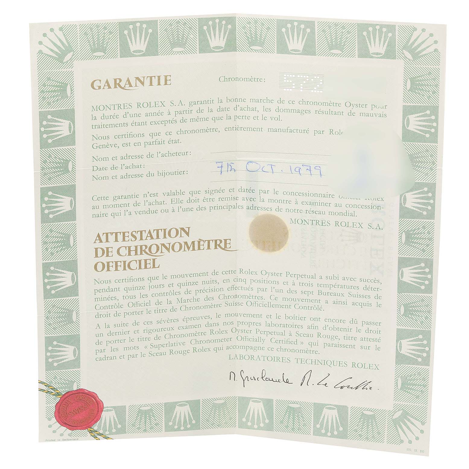 The image shows the warranty certificate for the Vintage Collection model by Rolex.
