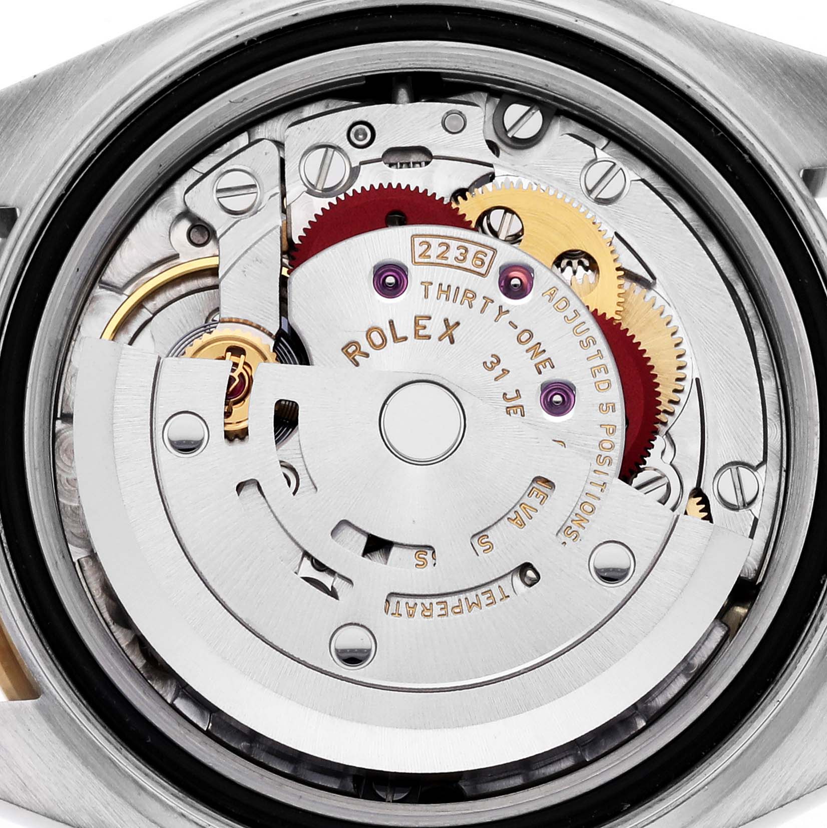 The image shows the movement mechanism of a Rolex Datejust 279163 Women's Steel and Gold (two tone) Champagne Dial 279163 Women's Steel and Gold (two tone) Champagne Dial watch from a rear angle.