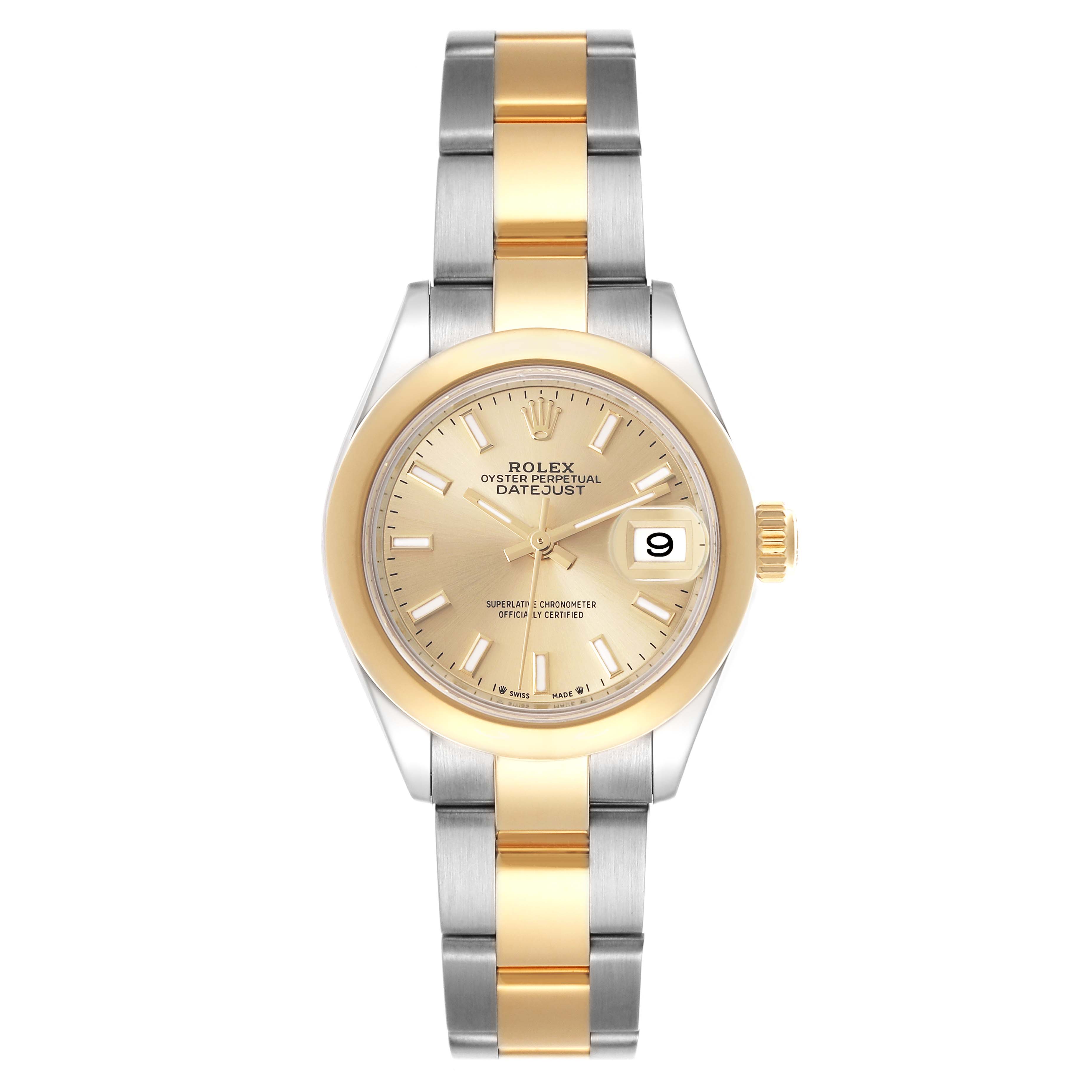 The Rolex Datejust 279163 Women's Steel and Gold (two tone) Champagne Dial 279163 Women's Steel and Gold (two tone) Champagne Dial watch is shown from the front, displaying the dial, bezel, and bracelet.