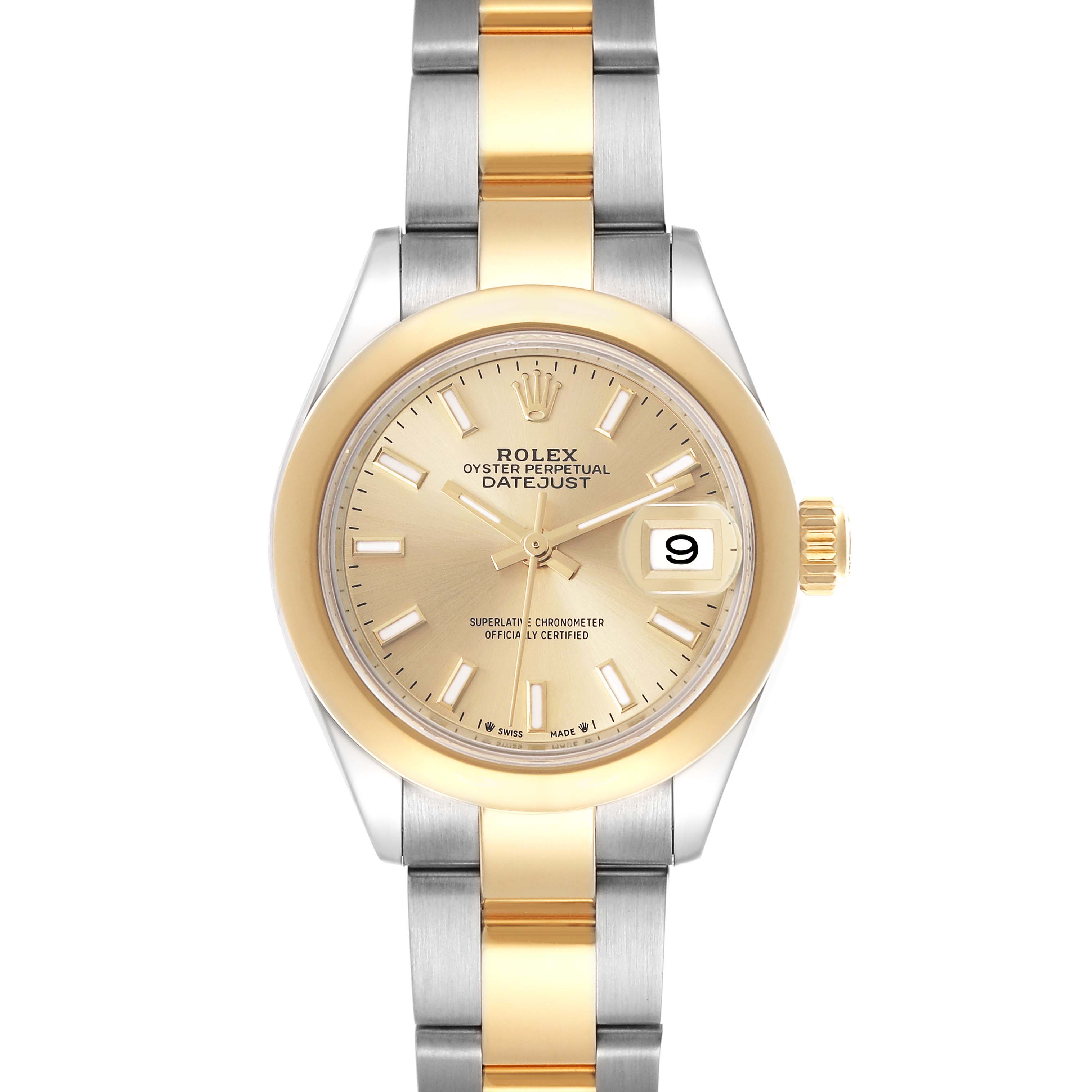 The Rolex Datejust 279163 Women's Steel and Gold (two tone) Champagne Dial 279163 Women's Steel and Gold (two tone) Champagne Dial watch is shown from the front, highlighting its dial, bezel, bracelet, and date window.