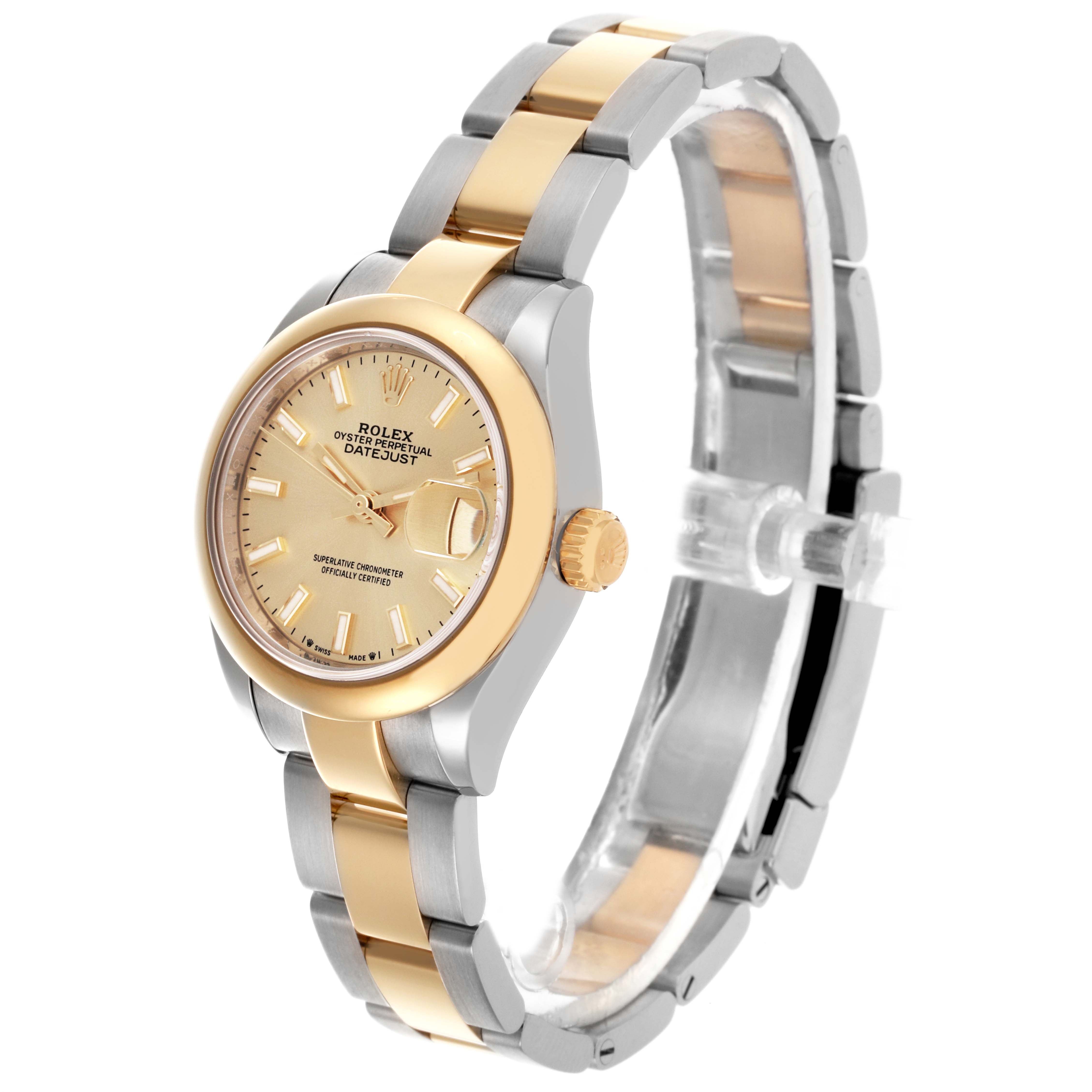 The Rolex Datejust 279163 Women's Steel and Gold (two tone) Champagne Dial 279163 Women's Steel and Gold (two tone) Champagne Dial watch is shown at a three-quarter angle, highlighting the dial, bezel, crown, and part of the bracelet.
