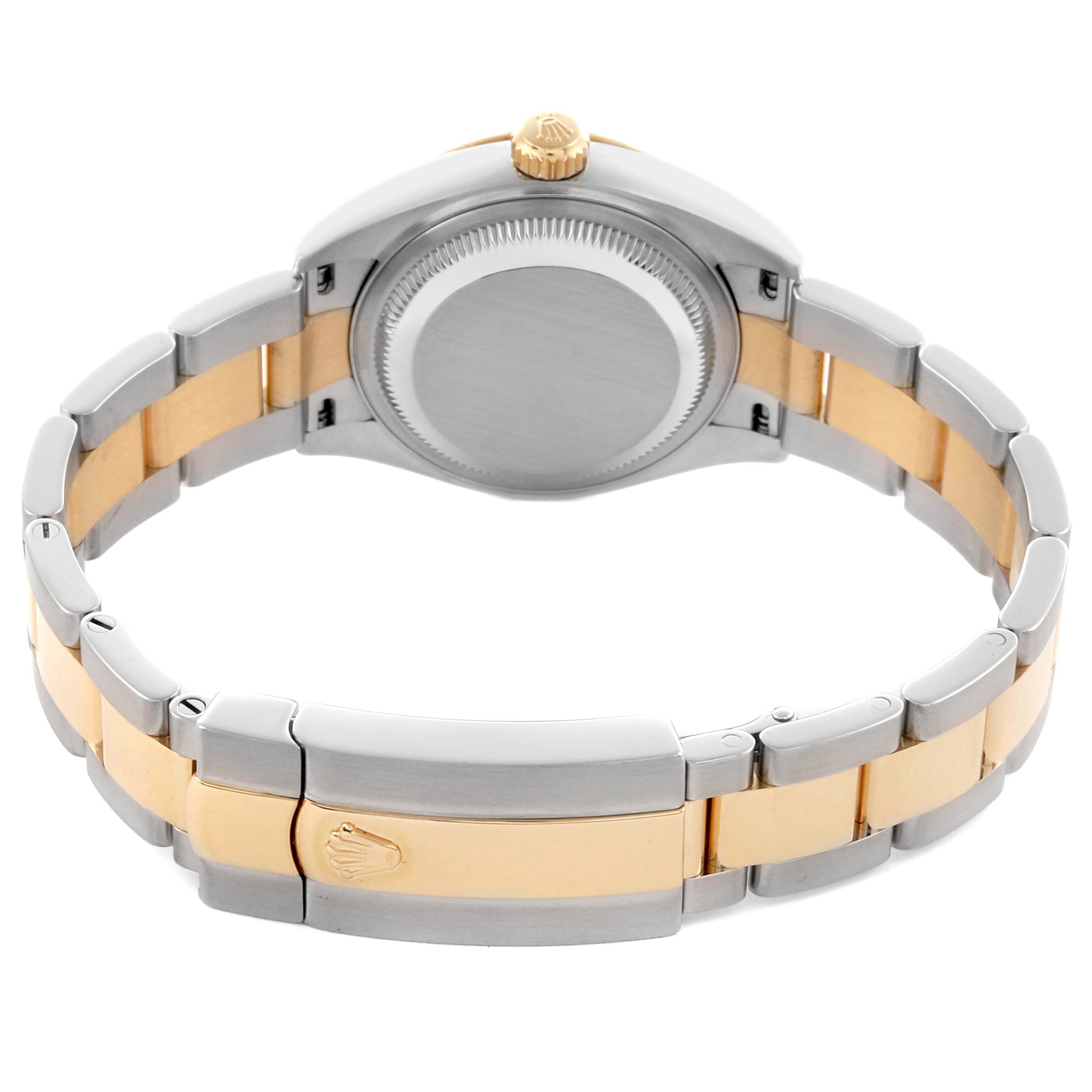 The image shows the back view and bracelet of a Rolex Datejust 279163 Women's Steel and Gold (two tone) Champagne Dial 279163 Women's Steel and Gold (two tone) Champagne Dial, highlighting its two-tone design and clasp.