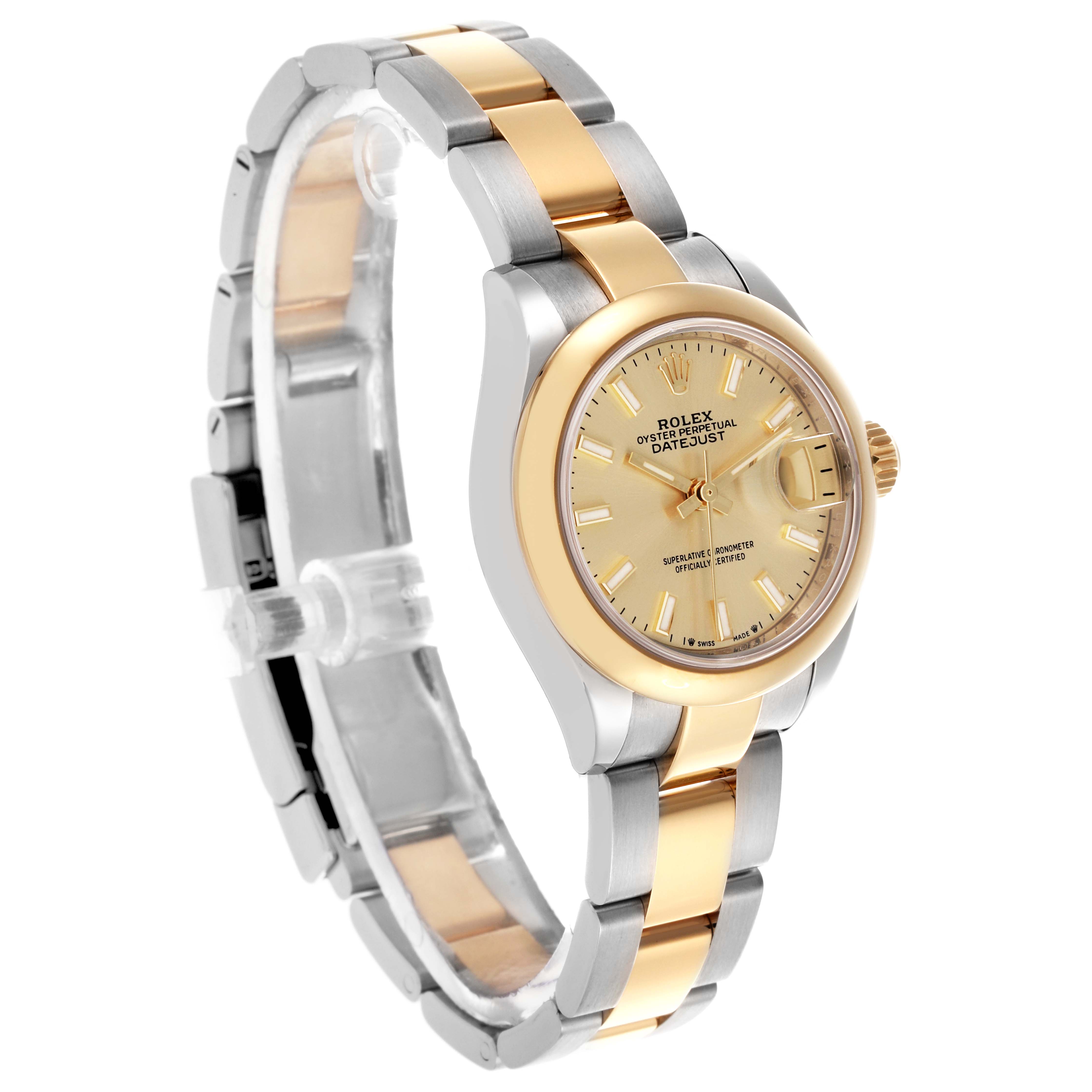 The Rolex Datejust 279163 Women's Steel and Gold (two tone) Champagne Dial 279163 Women's Steel and Gold (two tone) Champagne Dial watch is shown at a three-quarter angle, highlighting its gold dial, bezel, and two-tone bracelet.