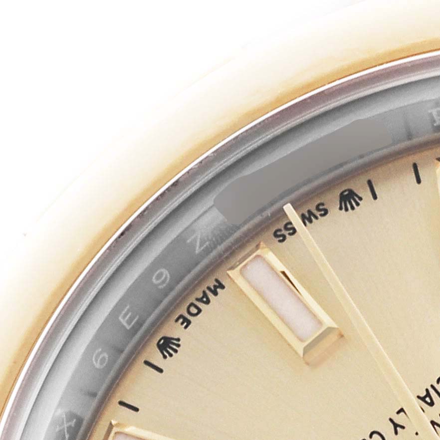 The image shows a close-up of the dial and bezel of a Rolex Datejust 279163 Women's Steel and Gold (two tone) Champagne Dial 279163 Women's Steel and Gold (two tone) Champagne Dial, highlighting hour markers and text detail.