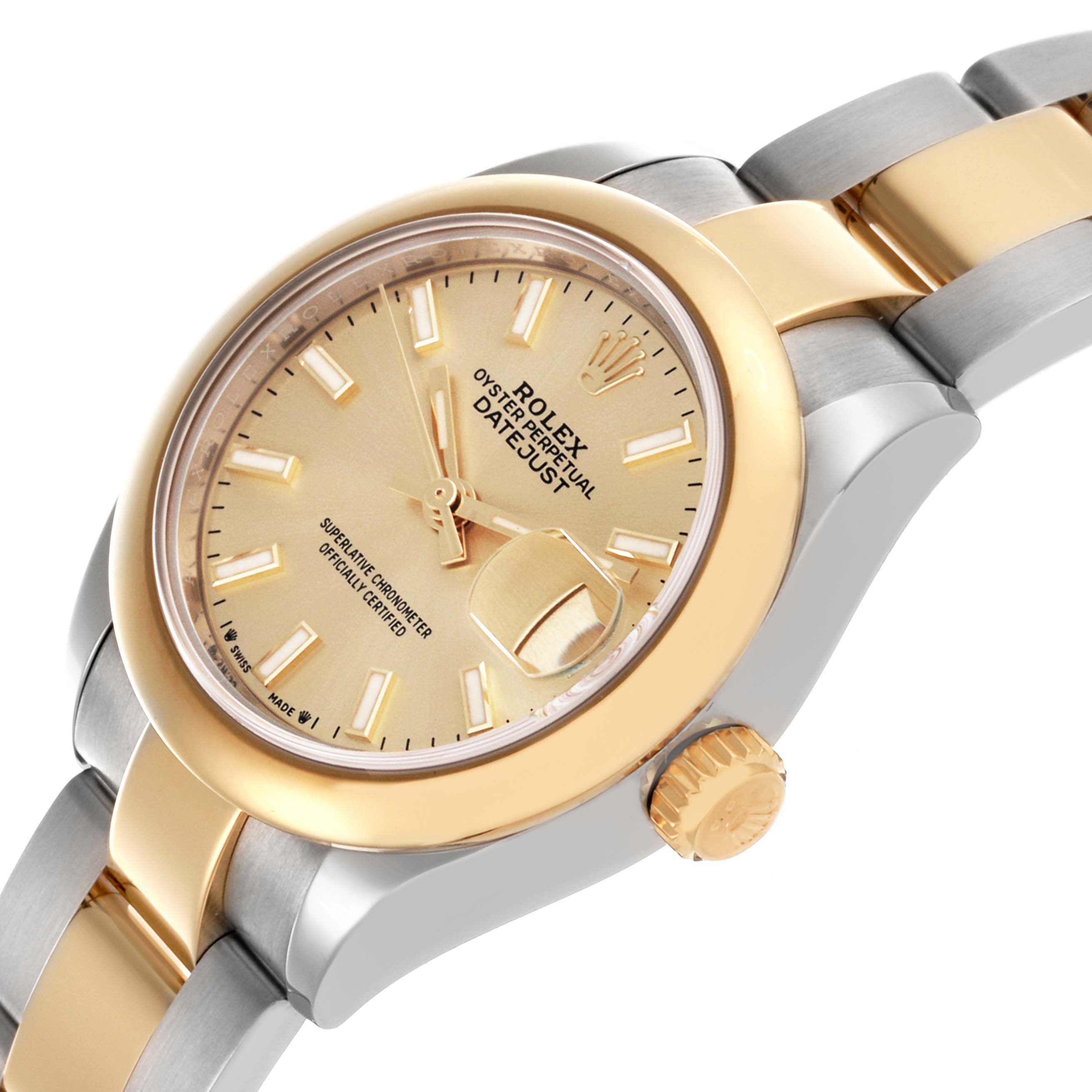 The Rolex Datejust 279163 Women's Steel and Gold (two tone) Champagne Dial 279163 Women's Steel and Gold (two tone) Champagne Dial watch is shown at a slight angle, displaying the face, bezel, and part of the bracelet.