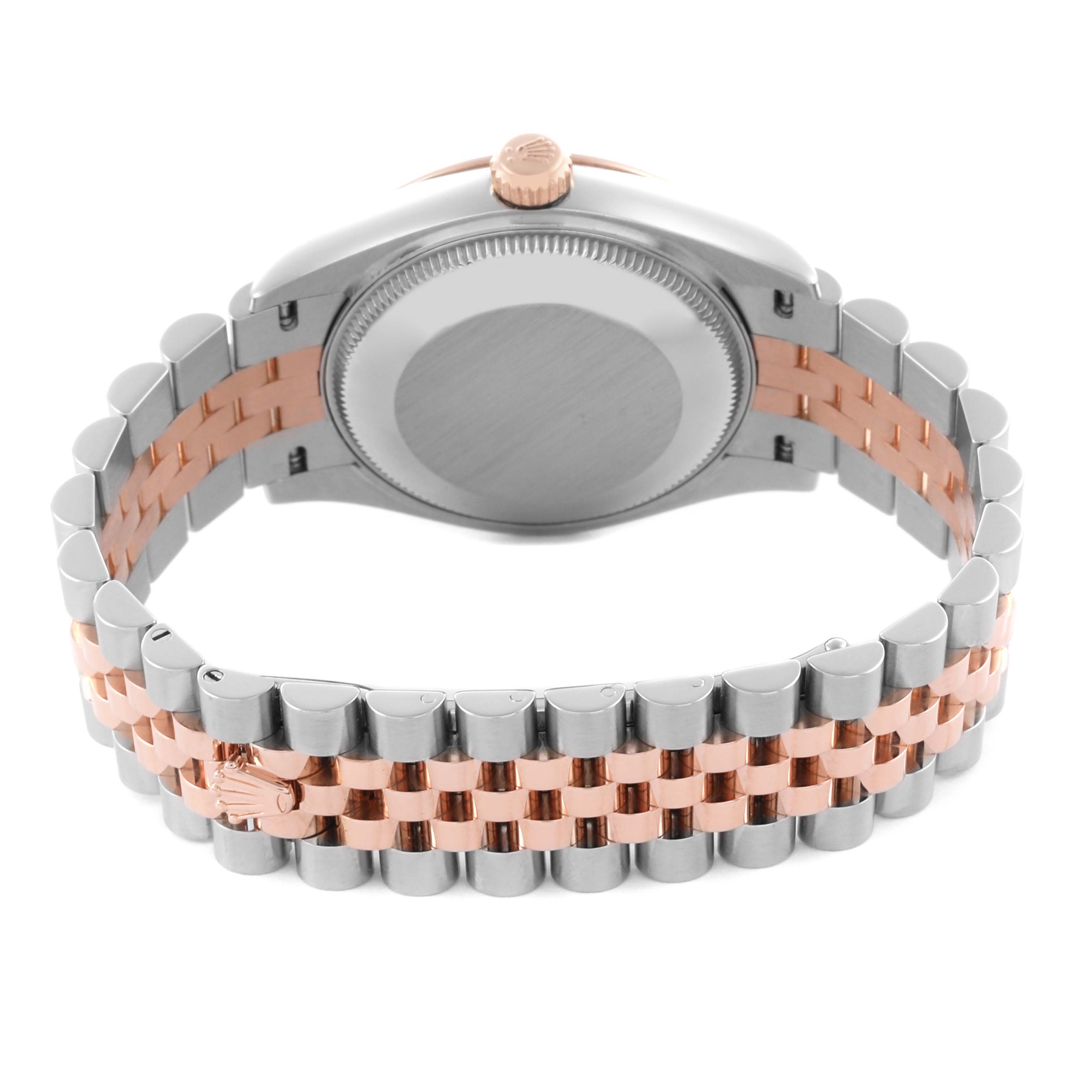 The Rolex Mid-Size 278241 Women's Steel and Gold (two tone) Pink Dial 278241 Women's Steel and Gold (two tone) Pink Dial watch is shown from the back, highlighting the bracelet and case back.