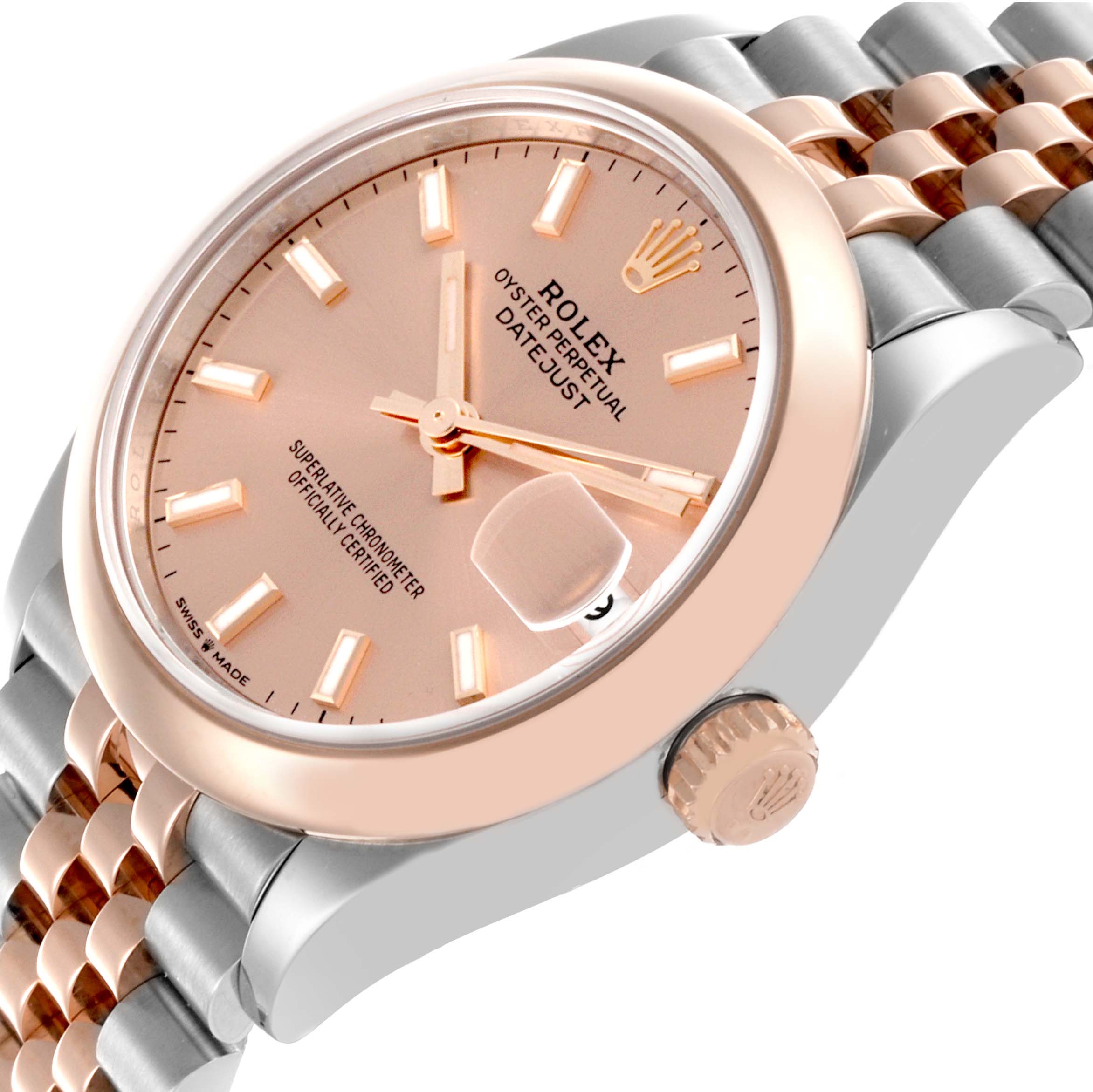 The Rolex Mid-Size 278241 Women's Steel and Gold (two tone) Pink Dial 278241 Women's Steel and Gold (two tone) Pink Dial watch is shown at an angled close-up, revealing the dial, bezel, crown, and part of the bracelet.