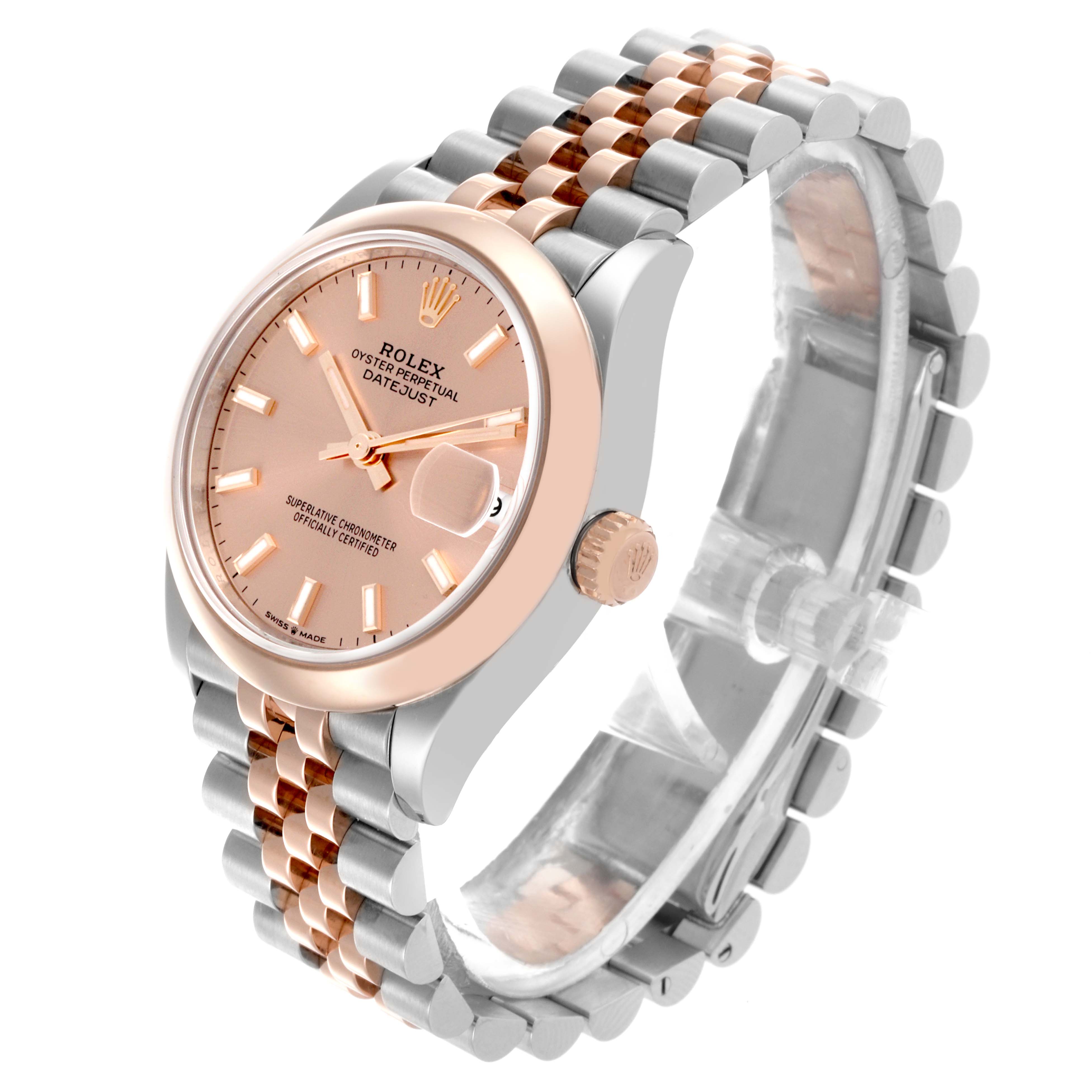 The Rolex Mid-Size 278241 Women's Steel and Gold (two tone) Pink Dial 278241 Women's Steel and Gold (two tone) Pink Dial watch is shown at a three-quarter angle, displaying the face, bezel, crown, and bracelet.