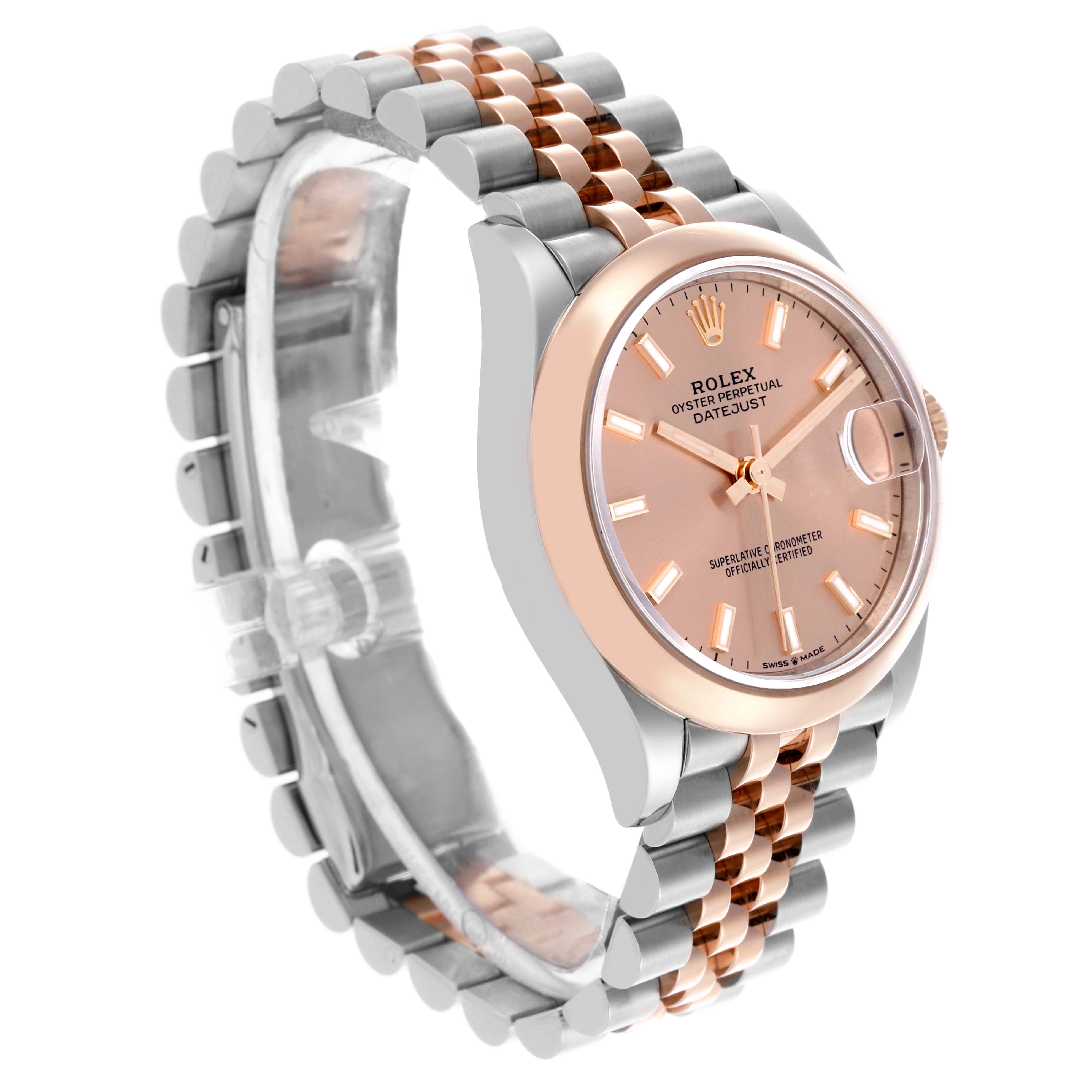 The image shows a Rolex Datejust Mid-Size watch angled from the front-left, displaying the face, bezel, crown, and bracelet.