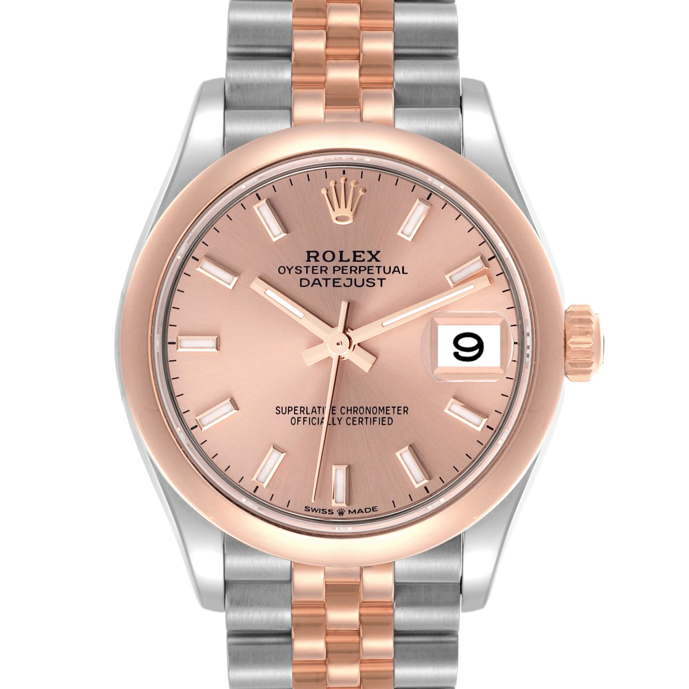 The Rolex Mid-Size 278241 Women's Steel and Gold (two tone) Pink Dial 278241 Women's Steel and Gold (two tone) Pink Dial Datejust watch is shown from a front view, highlighting the dial, bezel, and bracelet.