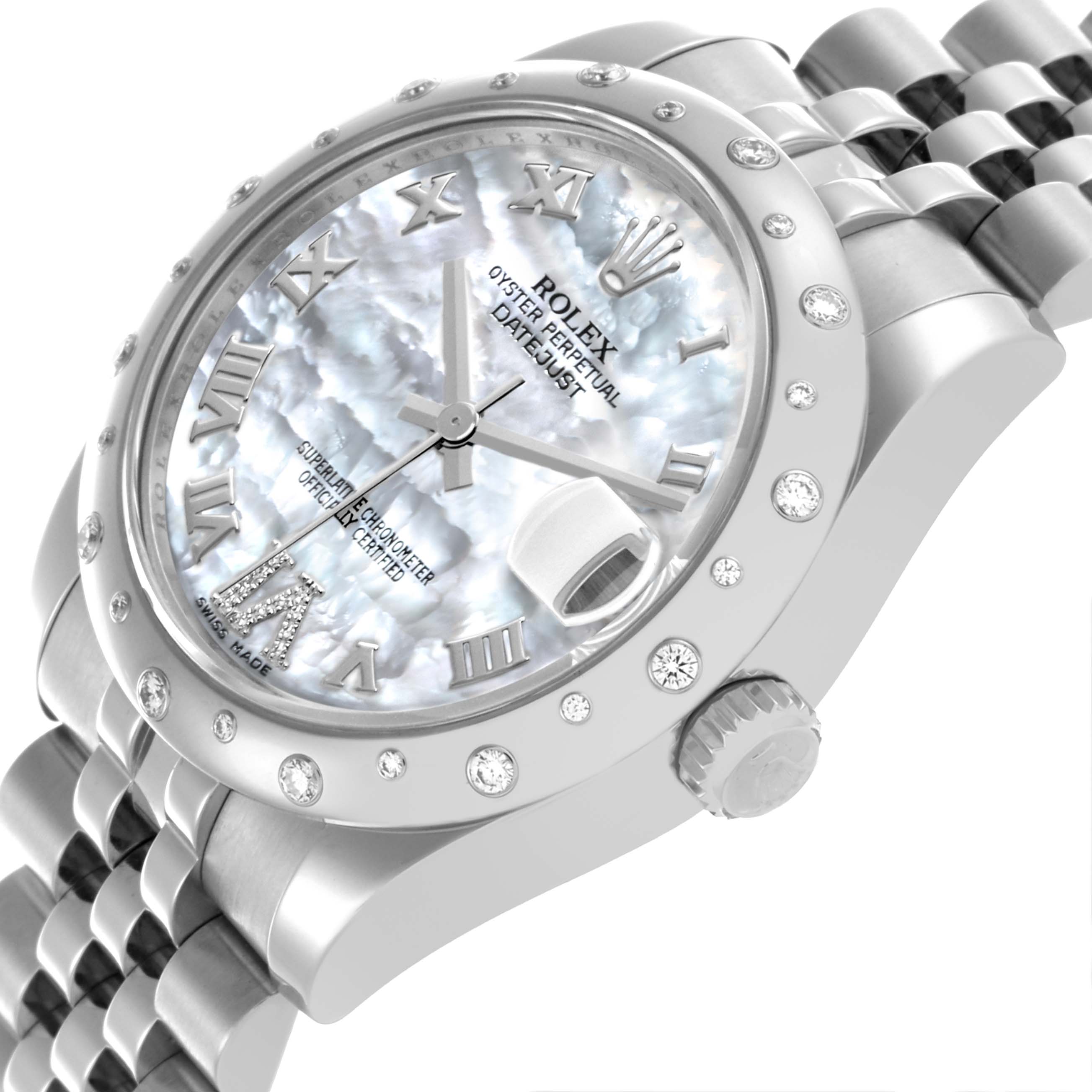 The Rolex Mid-Size 178344 Women's Stainless Steel Mother of Pearl Dial 178344 Women's Stainless Steel Mother of Pearl Dial watch is shown at an angled view, highlighting the face, bezel, and partial bracelet.