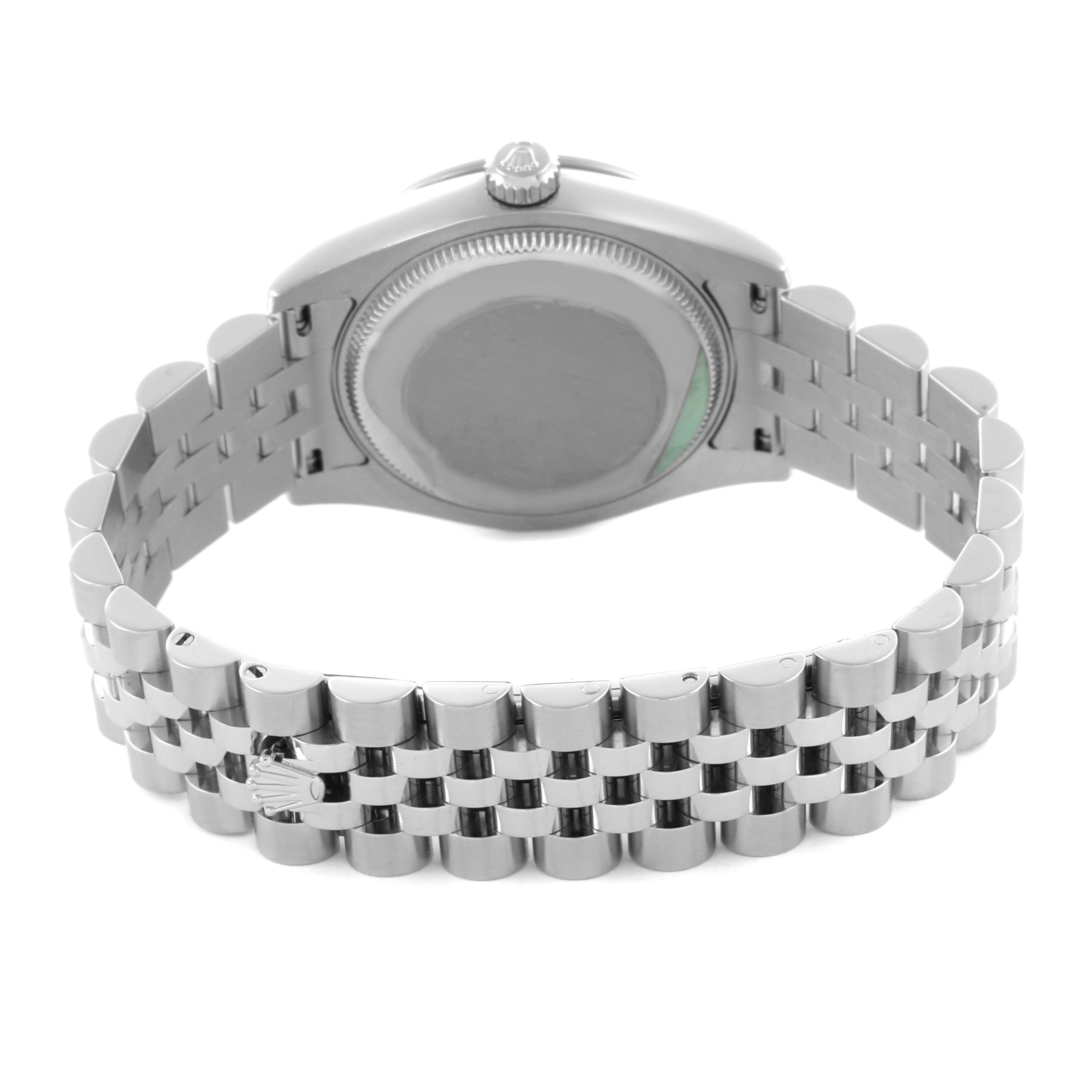 The image shows the back and bracelet of a Mid-Size Rolex watch, highlighting the clasp and case back.