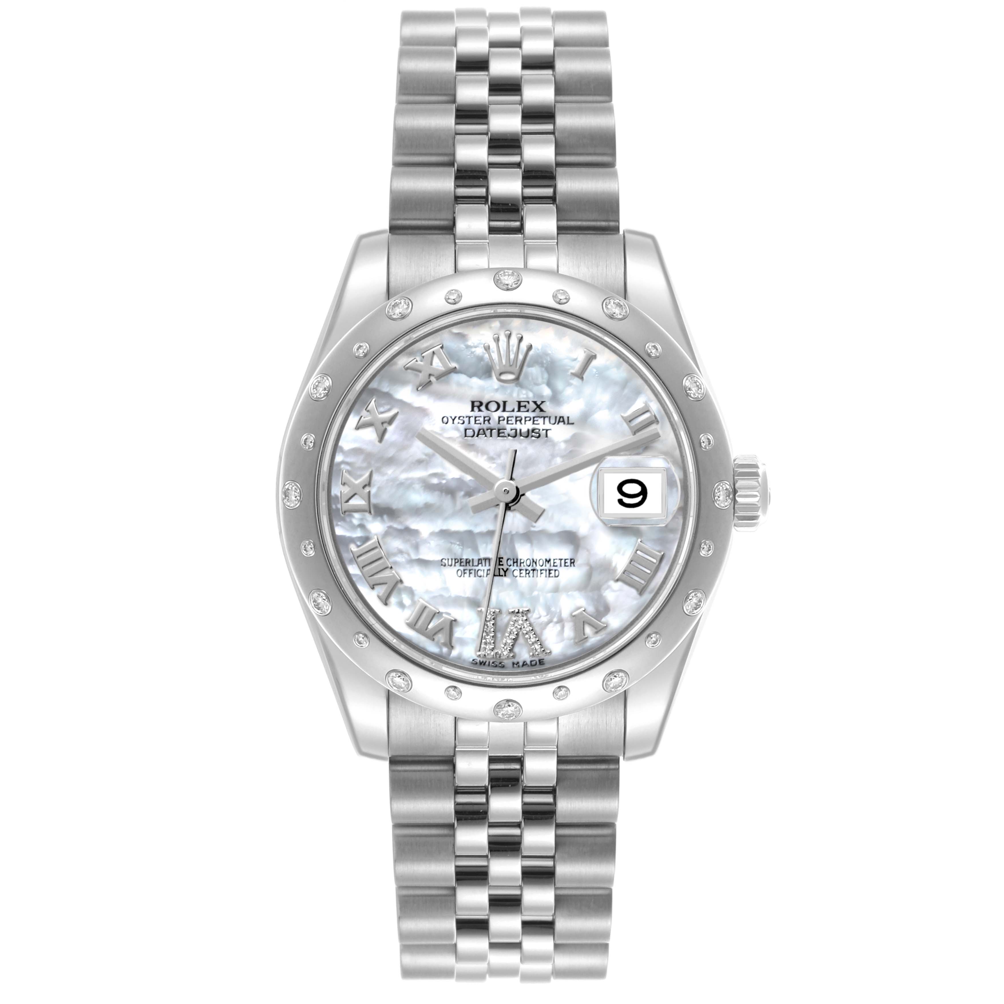 The Rolex Mid-Size 178344 Women's Stainless Steel Mother of Pearl Dial 178344 Women's Stainless Steel Mother of Pearl Dial model is shown from a top-down angle, displaying the dial, bezel, and bracelet.