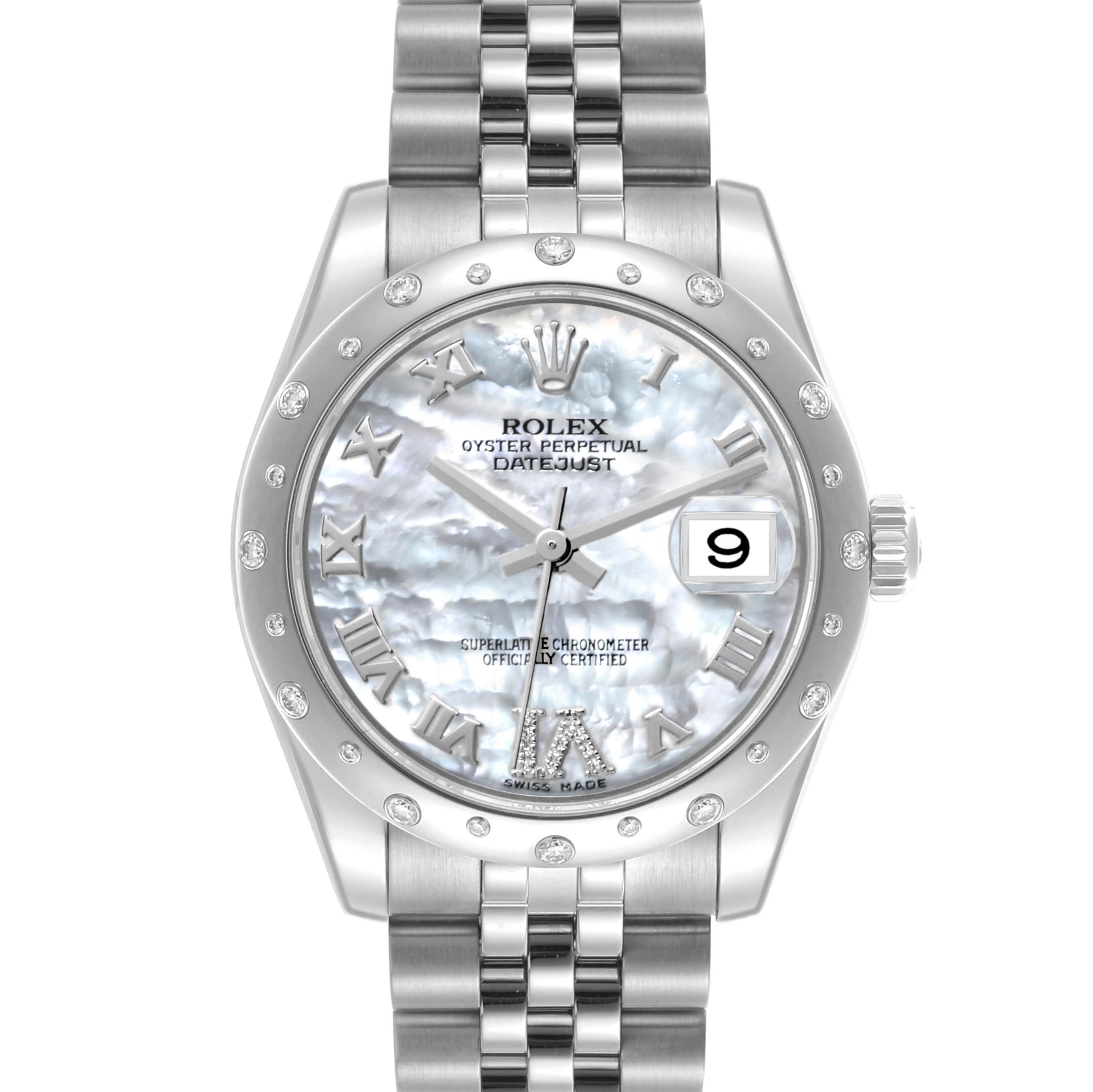 The Rolex Mid-Size 178344 Women's Stainless Steel Mother of Pearl Dial 178344 Women's Stainless Steel Mother of Pearl Dial Datejust is shown from a front angle, highlighting its face, bezel, and bracelet.