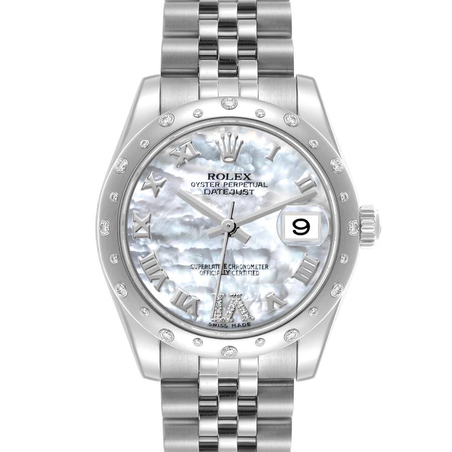 The Rolex Mid-Size Datejust is shown from a front angle, highlighting its face, bezel, and bracelet.